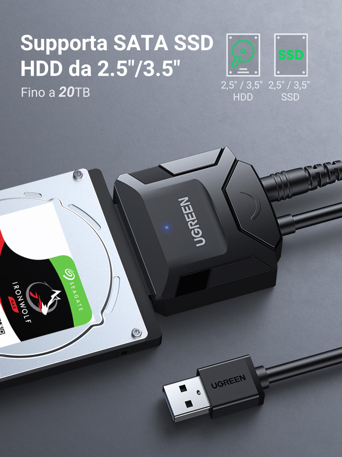ugreen-adattatore-sata-a-usb-3-0-type-a-5gbps-con-alimentatore-12v-per-hdd-ssd-2 image 2