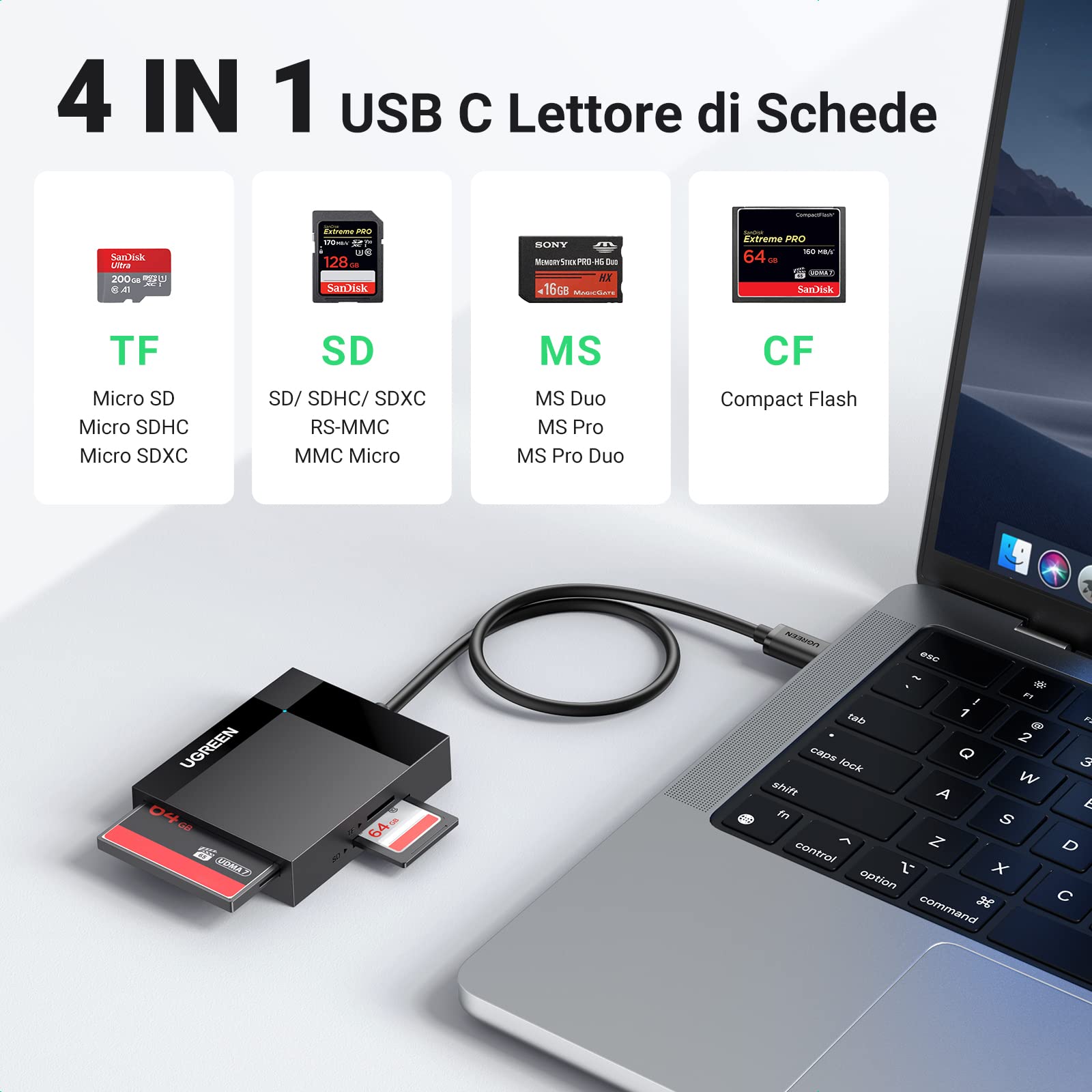 ugreen-lettore-schede-usb-c-4-in-1-sd-tf-cf-ms-fino-a-2tb-104mb-s image 2