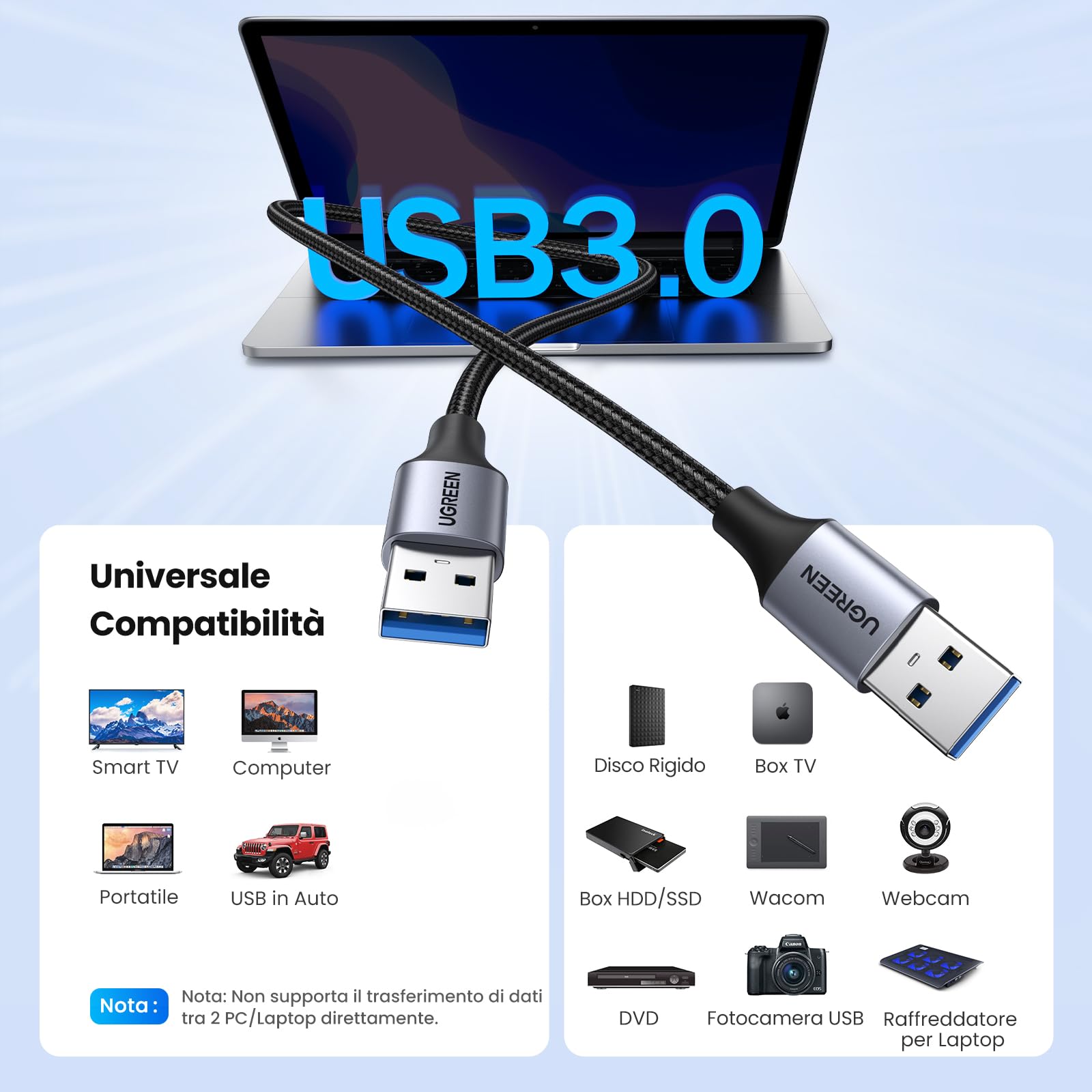ugreen-cavo-usb-3-0-type-a-maschio-a-maschio-0-5m-5gbps-in-nylon-e-alluminio image 2