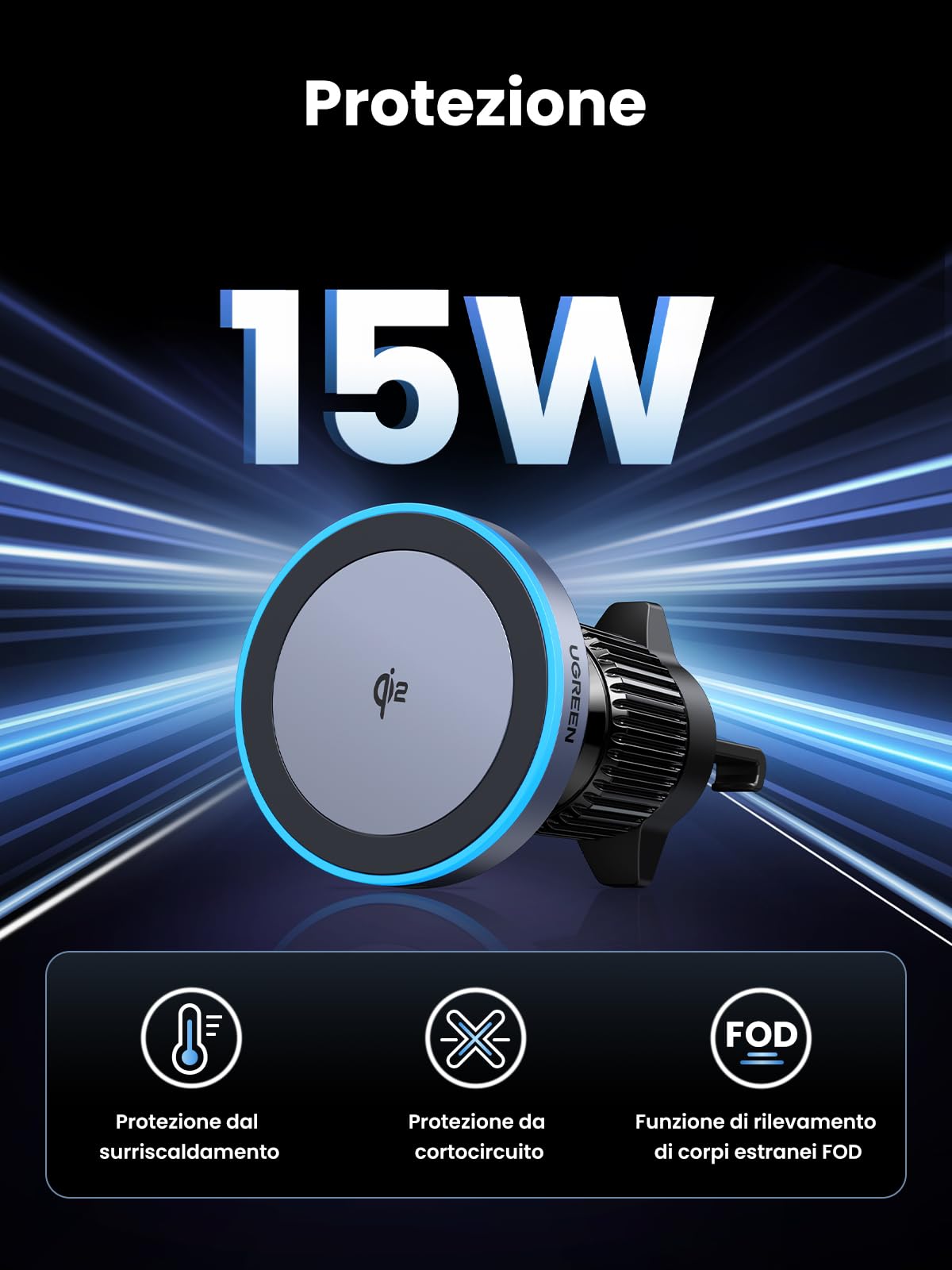 ugreen-magflow-qi2-15w-caricatore-wireless-magnetico-da-auto-per-bocchetta-aria image 3