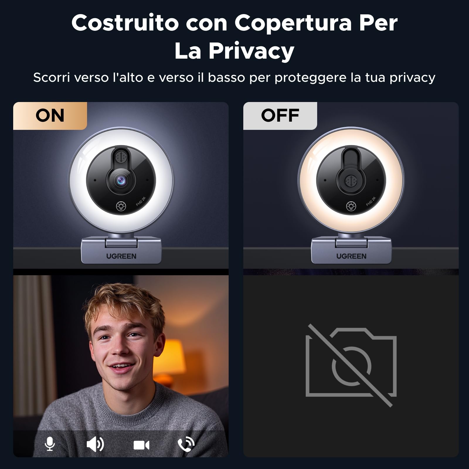 ugreen-webcam-2k-30fps-con-luce-led-e-doppio-microfono-usb-a-c image 4