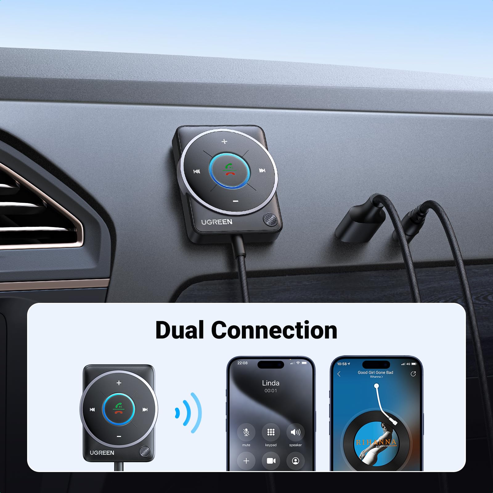 ugreen-ricevitore-bluetooth-5-4-auto-usb-a-jack-3-5mm-vivavoce-rgb-doppia-connes image 3