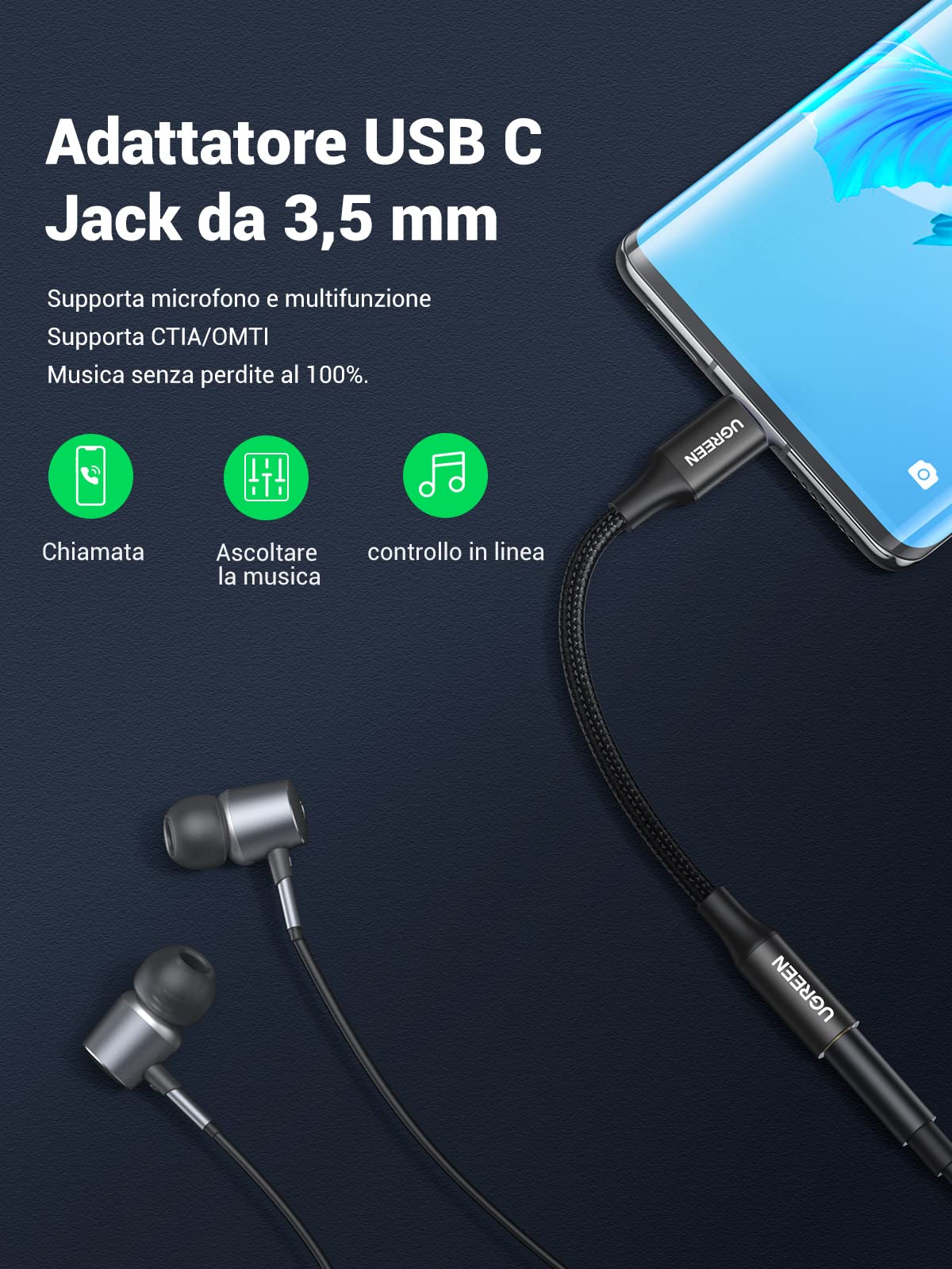 ugreen-adattatore-usb-c-a-jack-3-5mm-nylon-nero-per-cuffie image 2