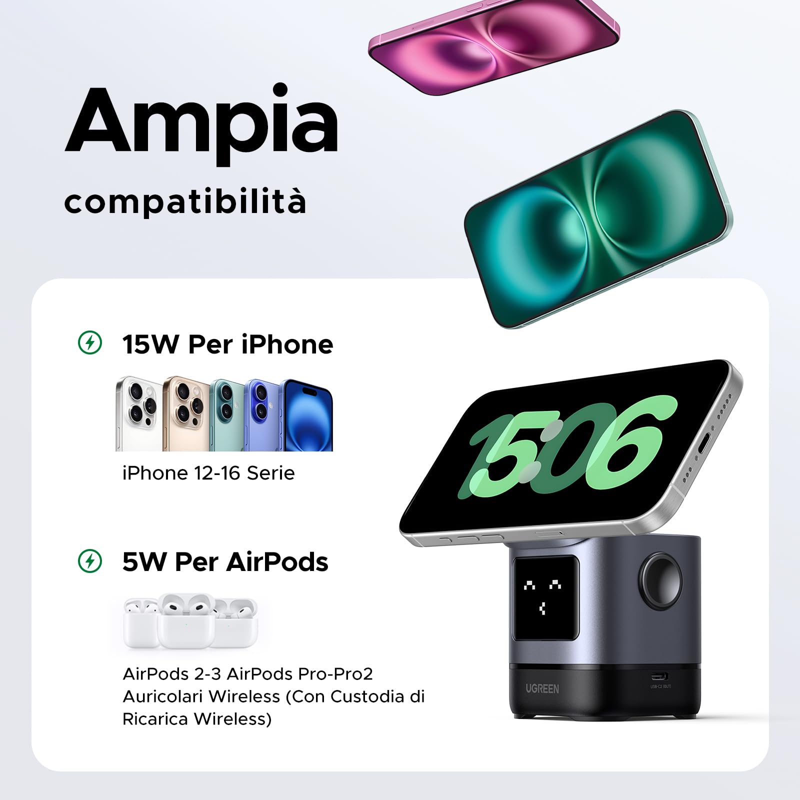 ugreen-uno-stazione-ricarica-wireless-magnetica-qi2-15w-2-in-1-per-iphone-e-airp image 4