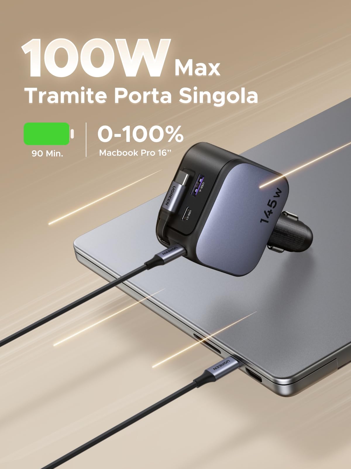 ugreen-nexode-caricatore-auto-145w-4-in-1-usb-c-retrattile-100w image 3