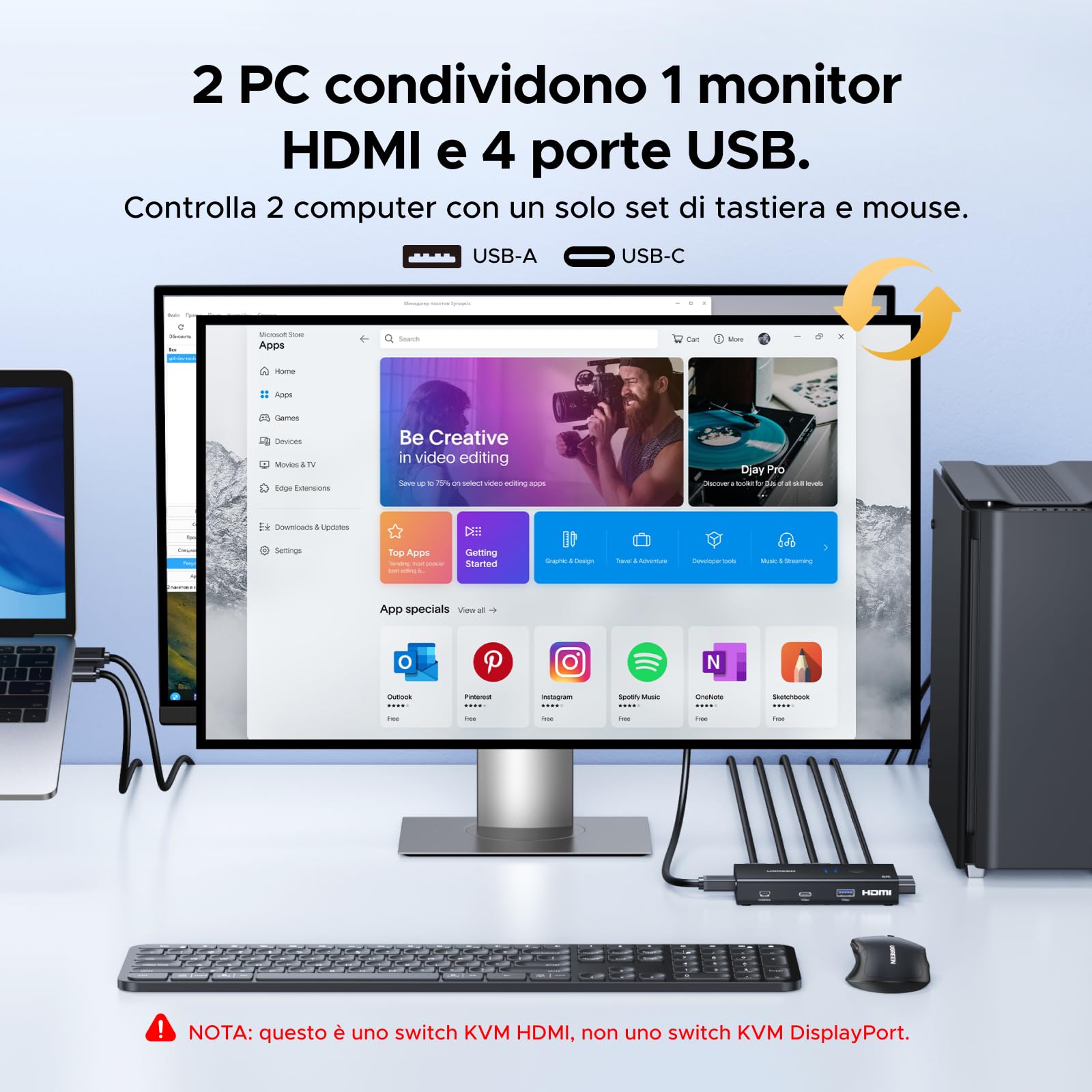 ugreen-switch-kvm-hdmi-2-0-4k-60hz-2x1-con-4-porte-usb-3-0-per-2-pc image 2