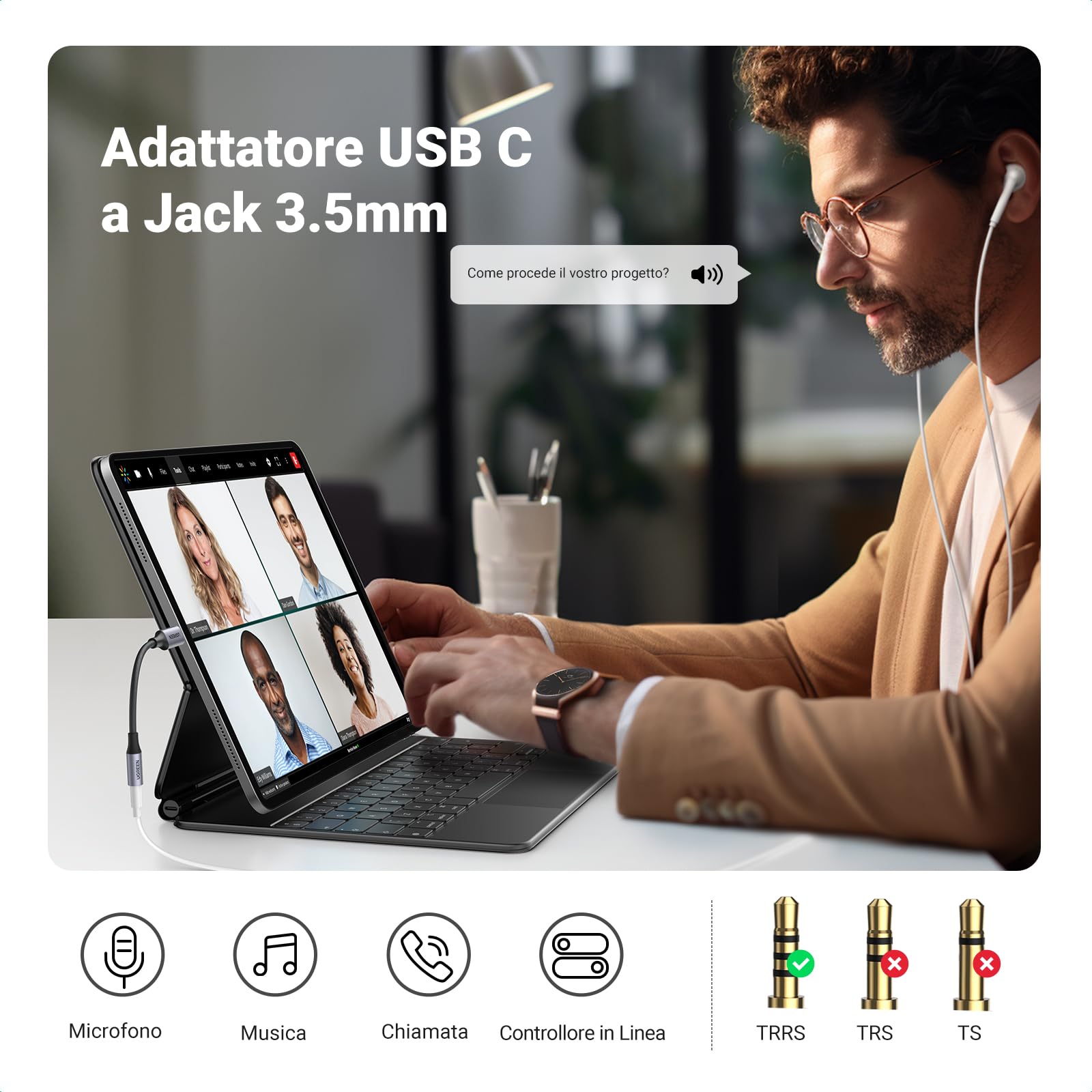 ugreen-adattatore-usb-c-a-jack-3-5mm-dac-grigio-per-cuffie image 2