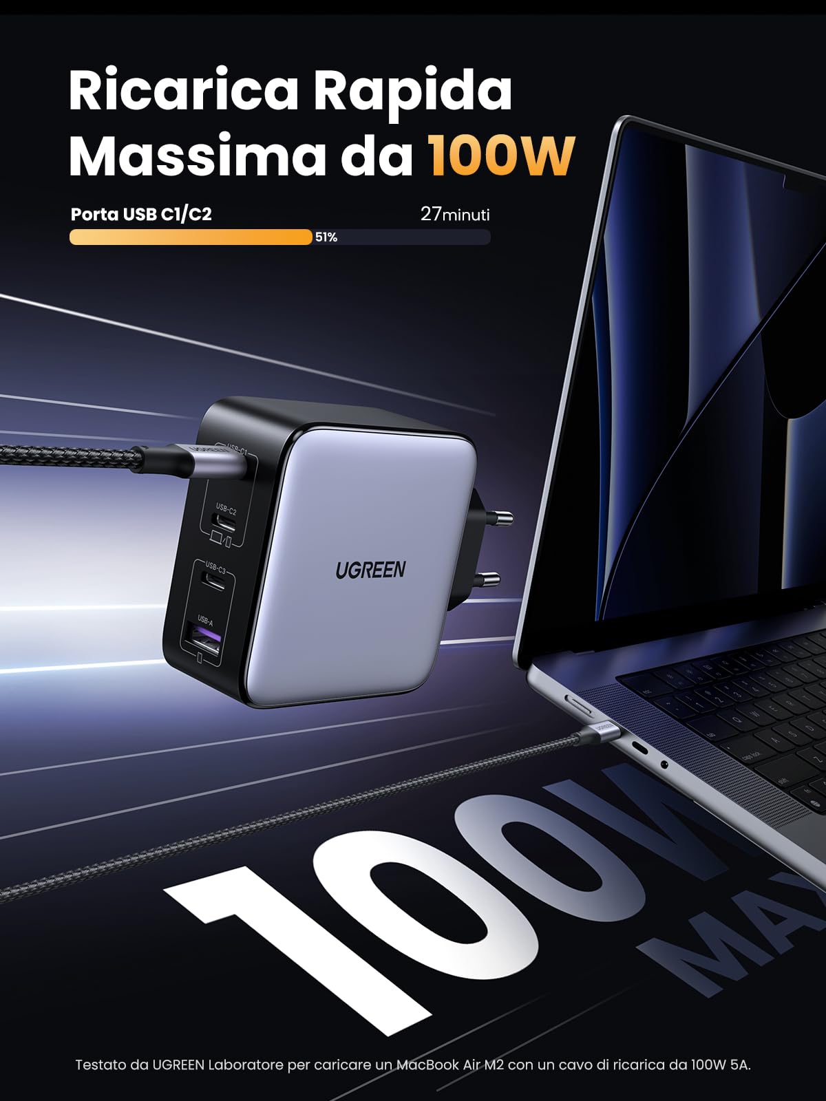 ugreen-nexode-caricatore-gan-100w-4-porte-3x-usb-c-usb-a-pd-3-0-per-macbook-ipho image 2