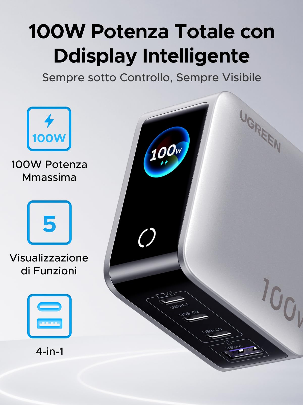 ugreen-nexode-pro-100w-caricatore-usb-c-4-porte-con-schermo-tft-gan image 2