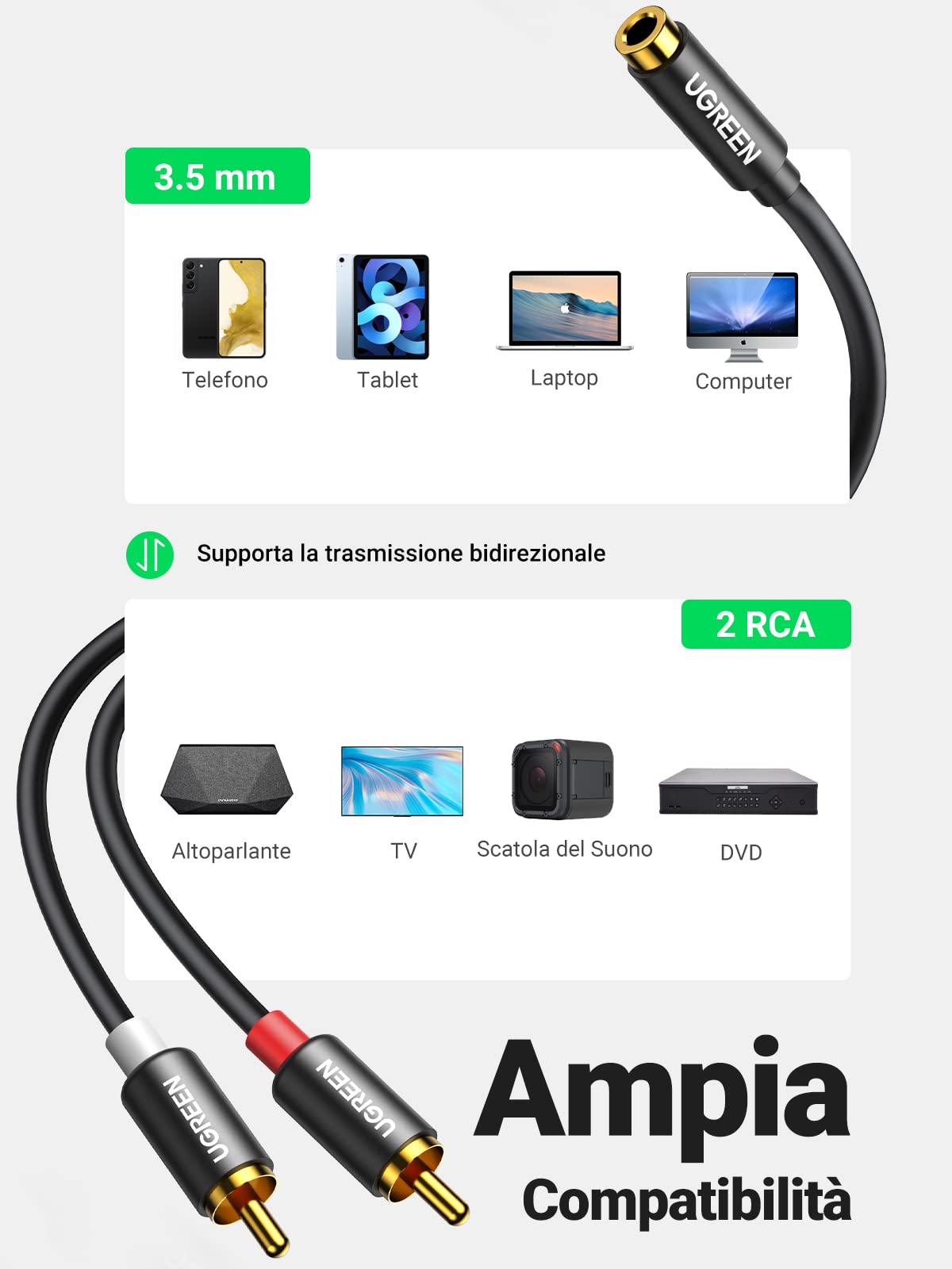ugreen-adattatore-audio-2rca-maschio-a-jack-3-5mm-femmina-25cm-in-alluminio image 5