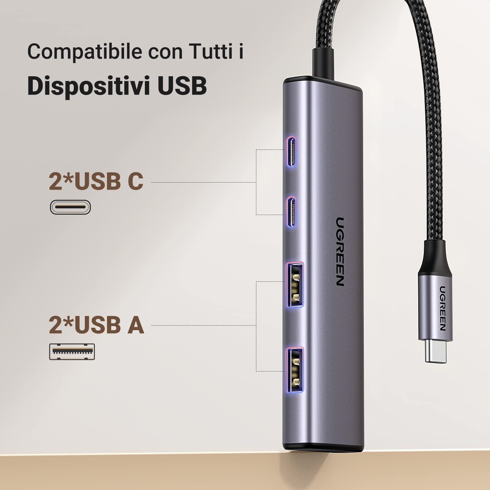 ugreen-hub-usb-c-a-4-porte-5gbps-con-2x-usb-c-2x-usb-a-in-alluminio image 2