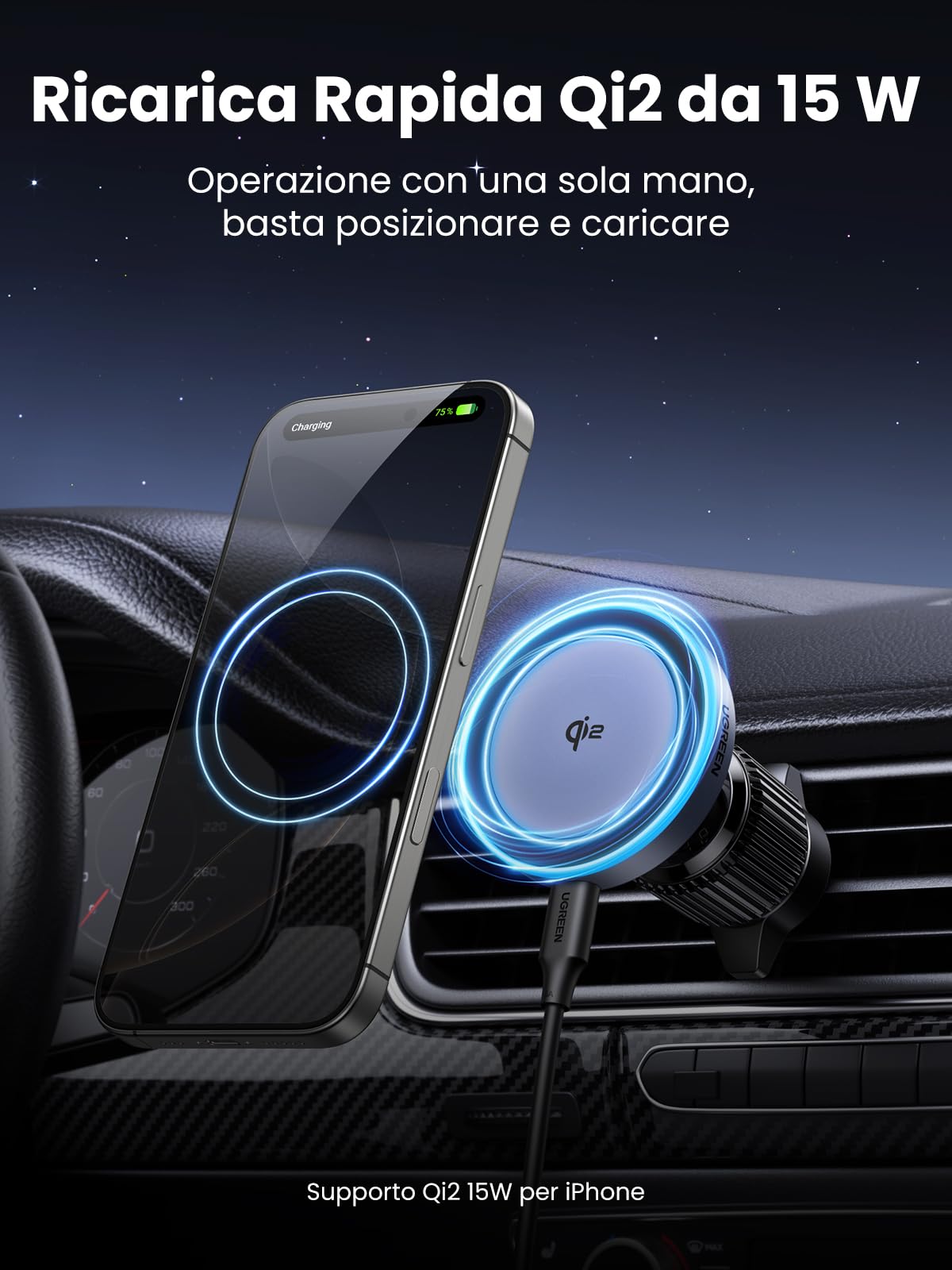 ugreen-magflow-qi2-15w-caricatore-wireless-magnetico-da-auto-per-bocchetta-aria image 2