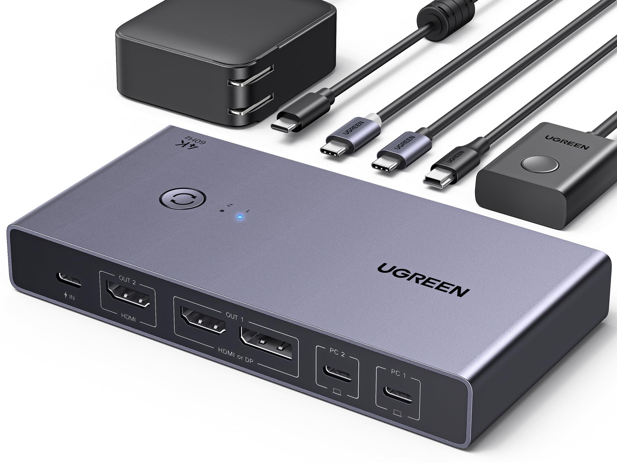 ugreen-switch-kvm-hdmi-2-0-4k-60hz-2-pc-2-monitor-con-hub-usb-3-0-4-porte image 1