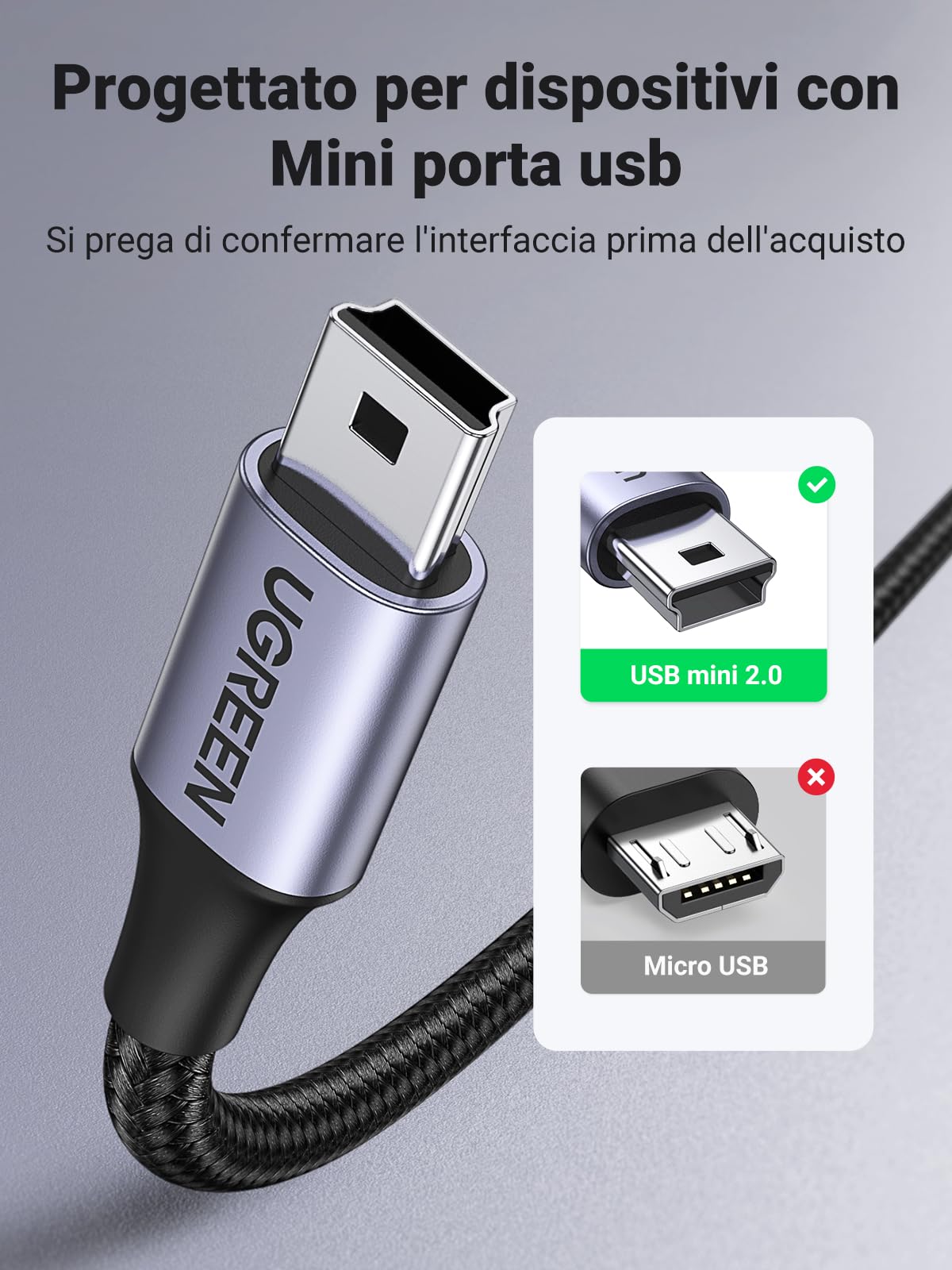 ugreen-cavo-usb-a-2-0-a-mini-b-nylon-1m-ricarica-2a-480mbps image 5