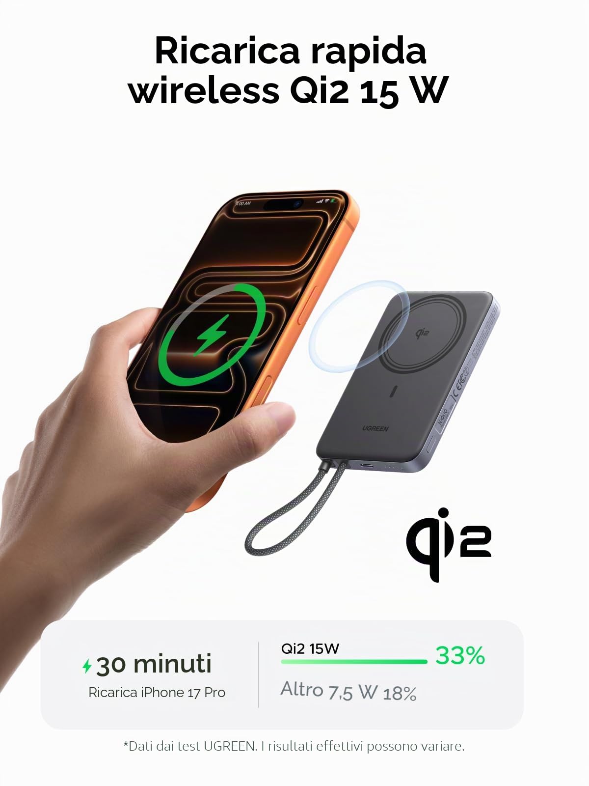 ugreen-magflow-air-power-bank-magnetico-qi2-15w-10000mah-pd-30w-grigio image 2
