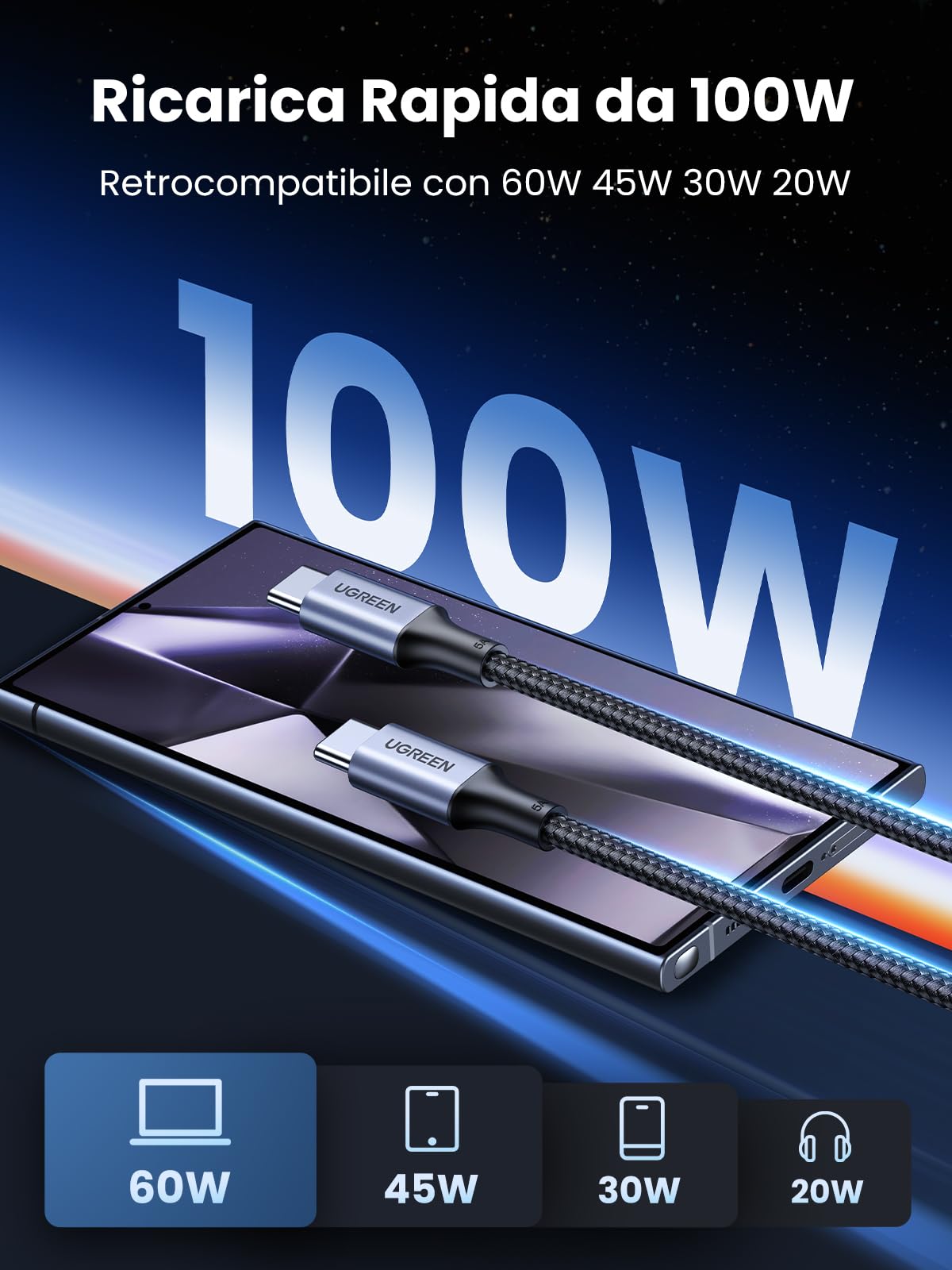 ugreen-cavo-usb-c-a-usb-c-100w-5a-ricarica-rapida-nylon-2m-2-pezzi image 2