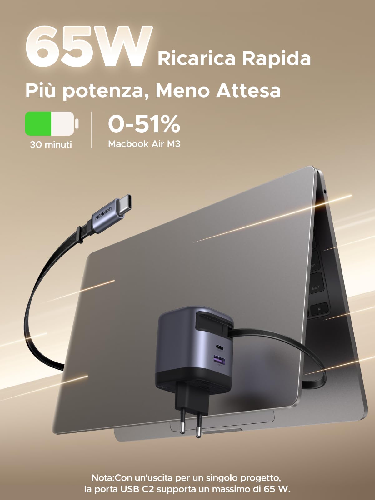 ugreen-nexode-65w-caricatore-retrattile-usb-c-gan-3-porte-pd-3-0 image 3