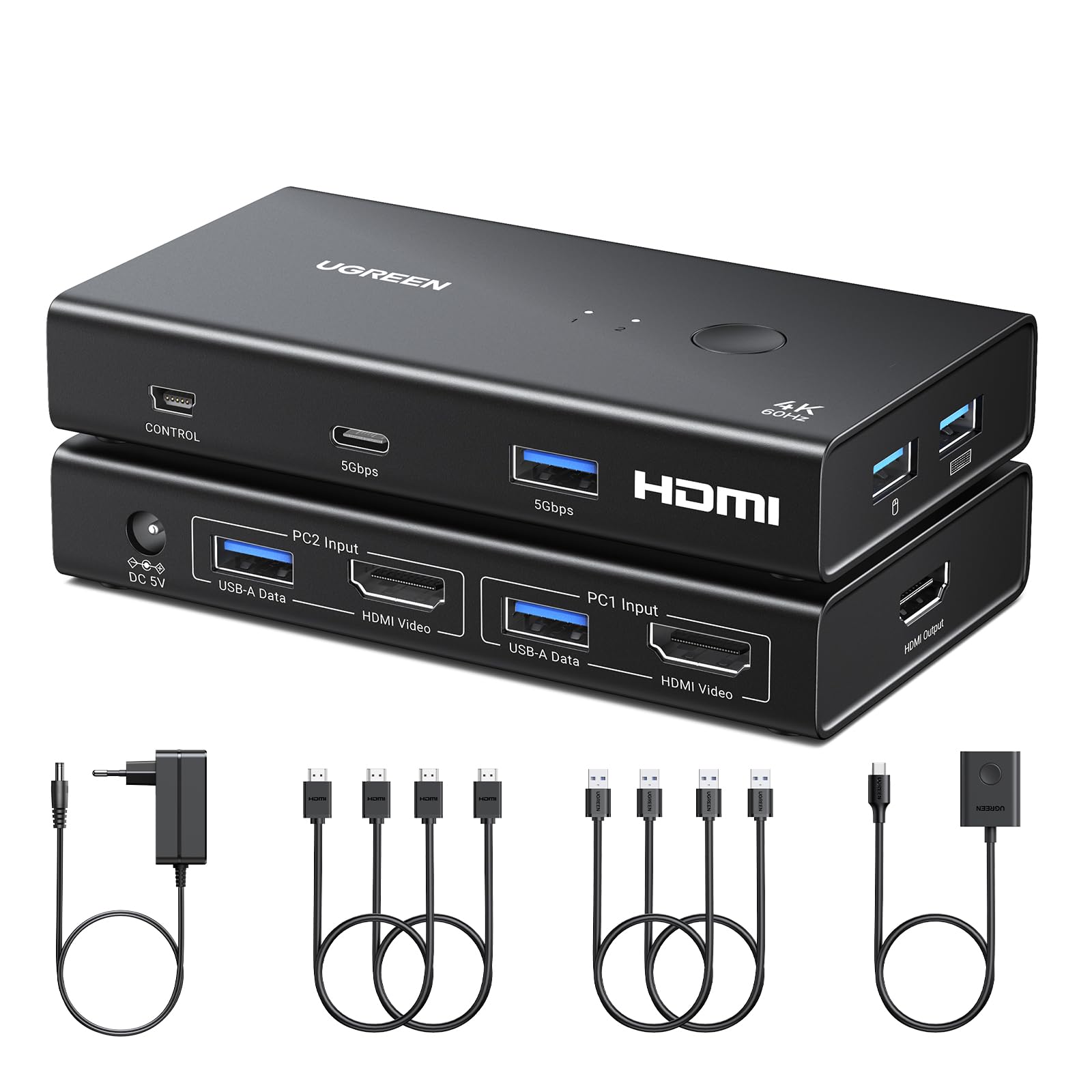 ugreen-switch-kvm-hdmi-4k-60hz-2-ingressi-1-uscita-con-4-porte-usb-3-0-e-control image 1