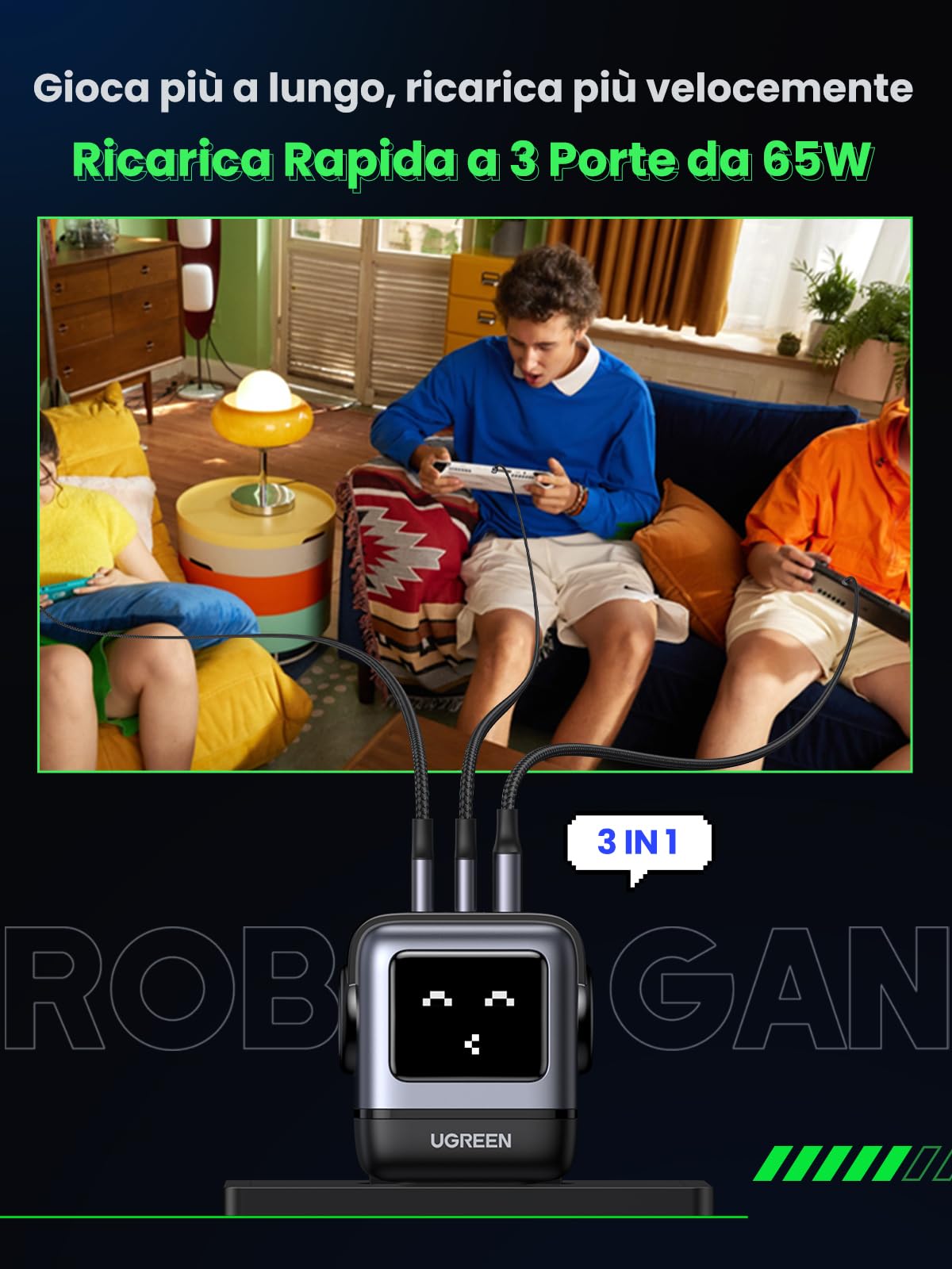 ugreen-uno-robot-caricatore-usb-c-gan-65w-3-porte-con-display-led image 3