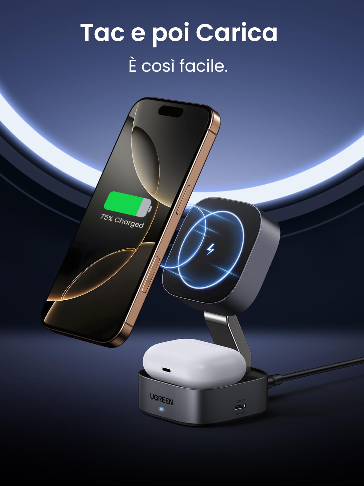 ugreen-magflow-caricatore-wireless-magnetico-2-in-1-magsafe-iphone-airpods-con-u image 3