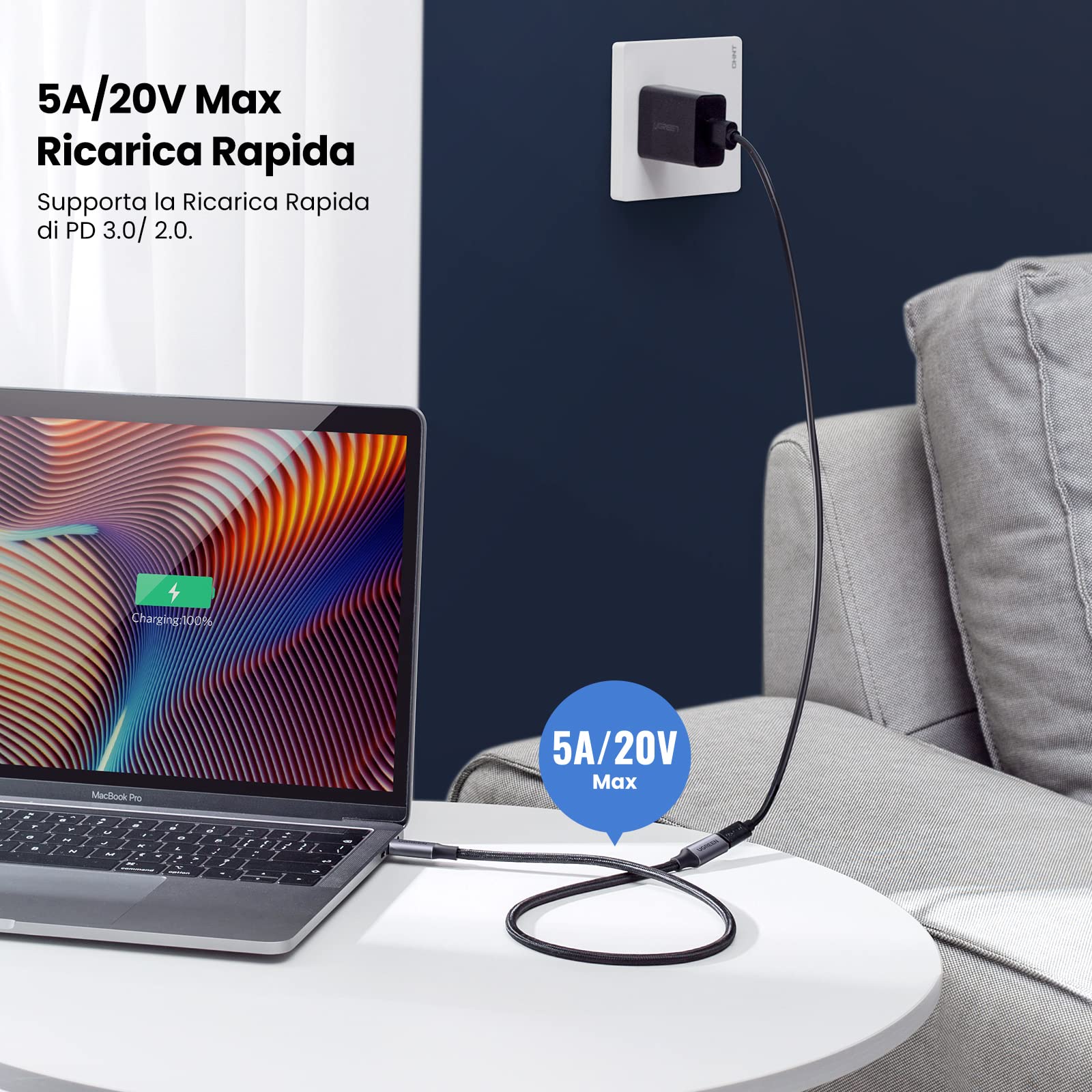 ugreen-nexode-cavo-prolunga-usb-c-3-2-10gbps-100w-4k-60hz-0-5m-grigio image 3