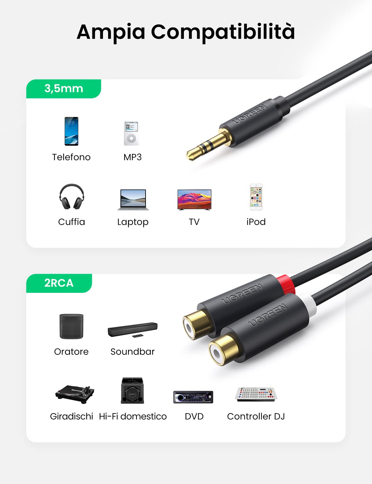 ugreen-cavo-adattatore-2-rca-femmina-a-jack-maschio-3-5mm-20cm image 2