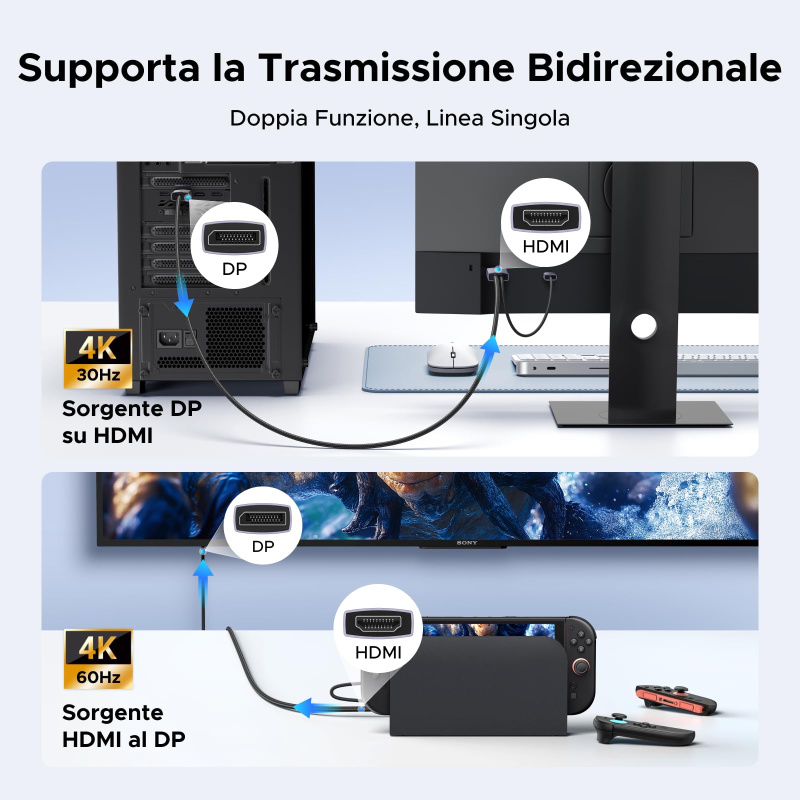 ugreen-cavo-hdmi-a-displayport-4k-60hz-2m-bidirezionale-con-usb-a image 3