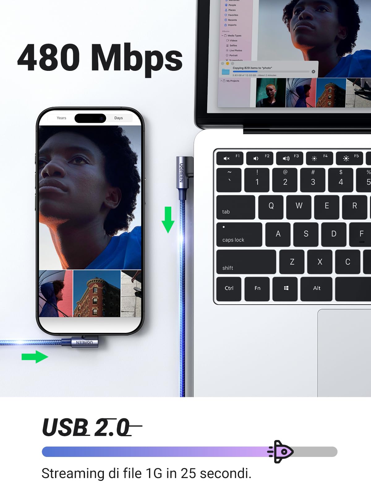 ugreen-cavo-usb-a-a-usb-c-90-gradi-3a-qc3-0-nylon-0-5m-480mbps image 6