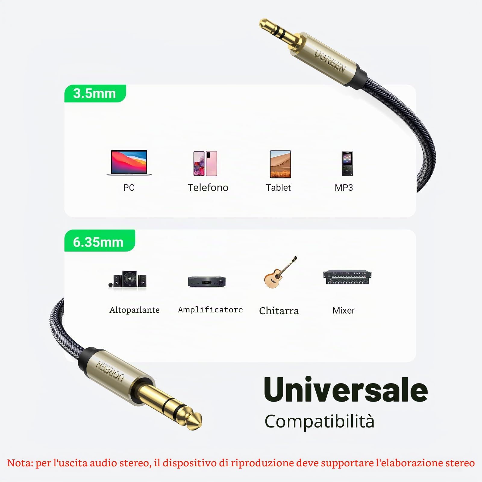 ugreen-cavo-audio-jack-3-5mm-a-6-35mm-2m-stereo-in-nylon-intrecciato image 2