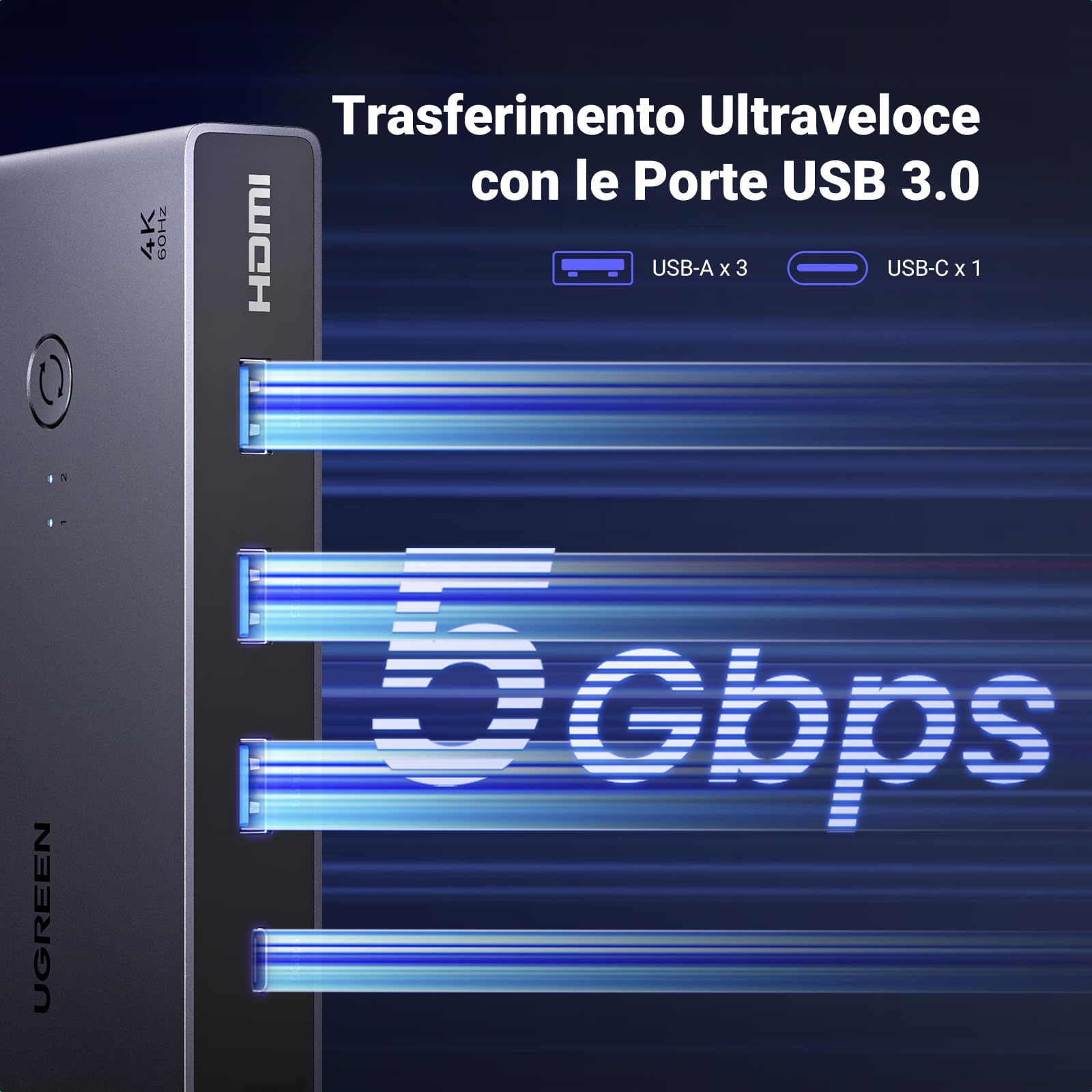 ugreen-switch-kvm-hdmi-2-0-4k-60hz-2-pc-2-monitor-con-hub-usb-3-0-4-porte image 5