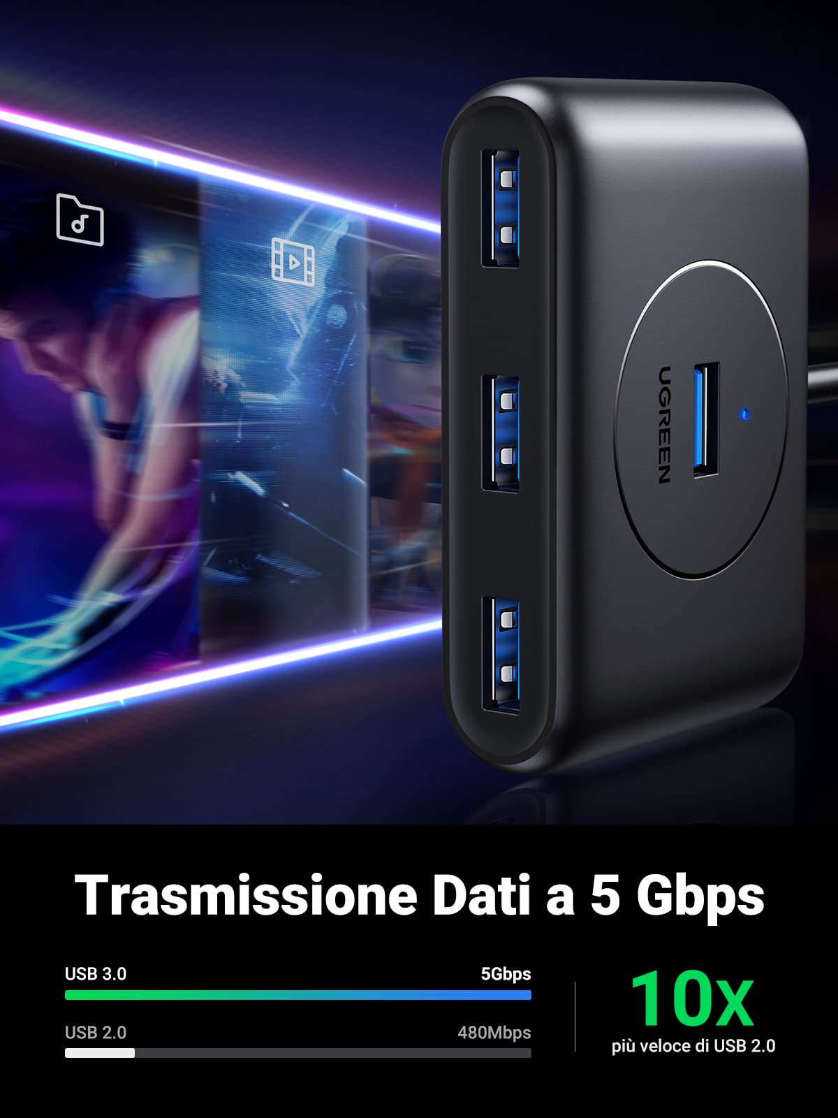 ugreen-hub-usb-3-0-4-porte-5gbps-con-cavo-100cm-nero image 2