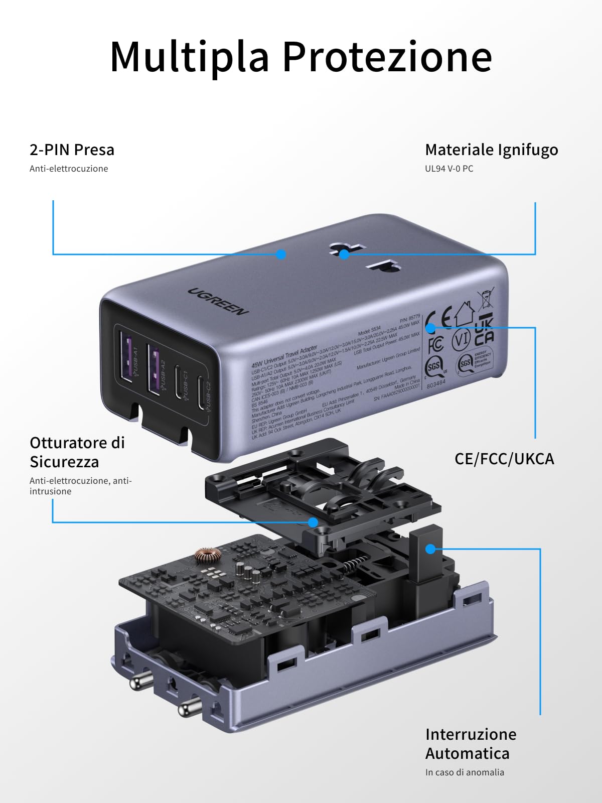 ugreen-adattatore-universale-da-viaggio-6-in-1-pd-45w-2-ac-2-usb-c-2-usb-a image 6