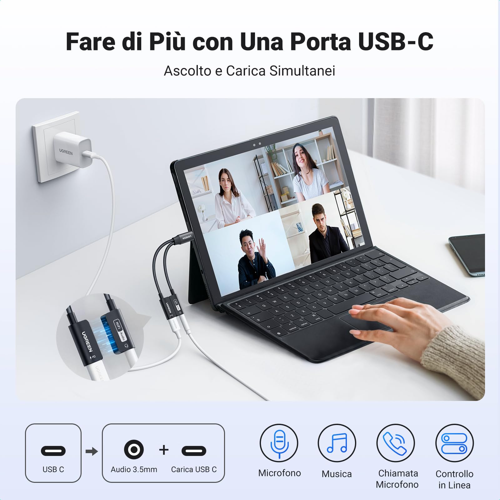 ugreen-adattatore-usb-c-a-jack-3-5mm-2-in-1-pd-60w-magnetico-hi-res-32bit-384khz image 2