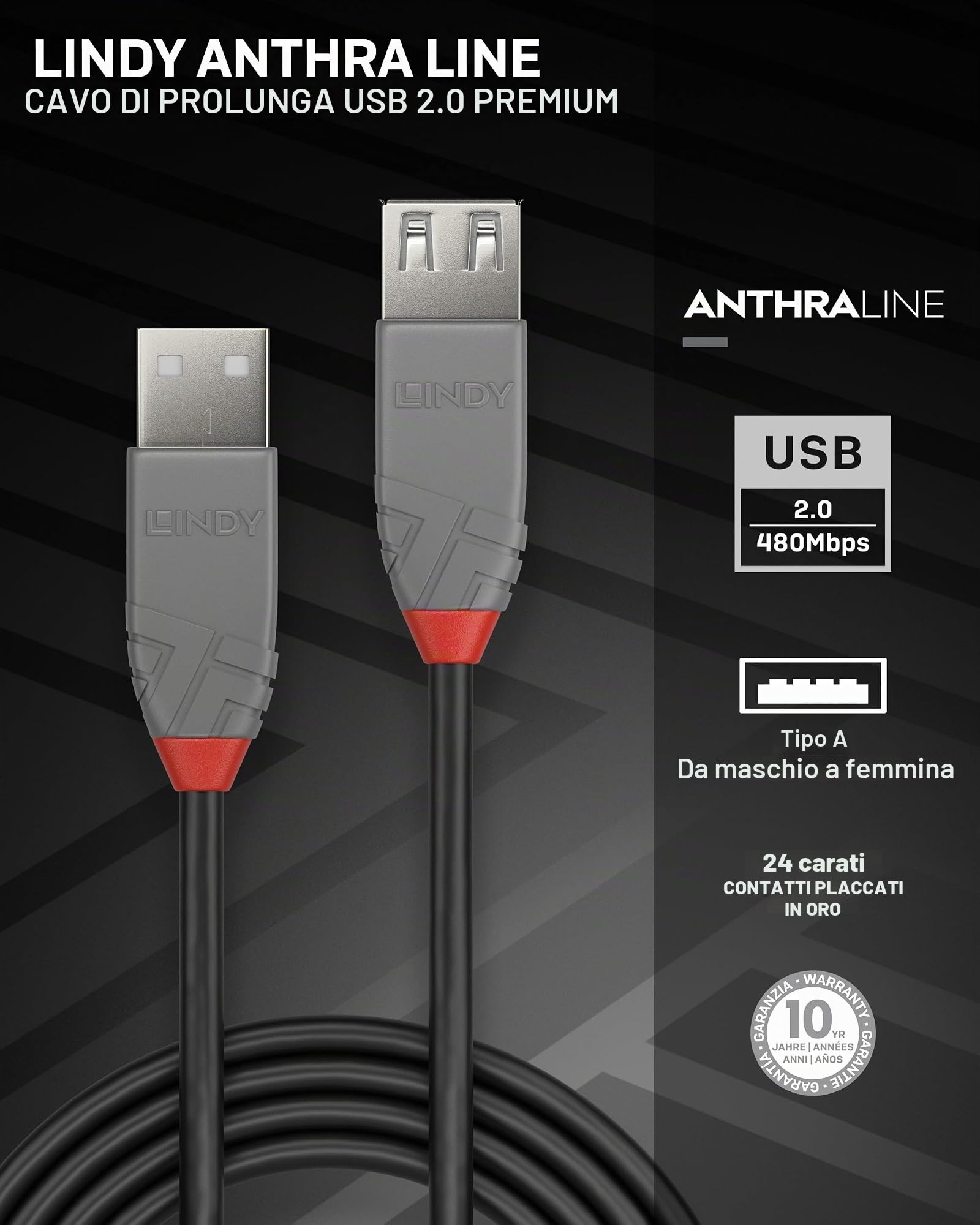 lindy-anthra-line-cavo-prolunga-usb-2-0-tipo-a-3-metri-480mbps image 2