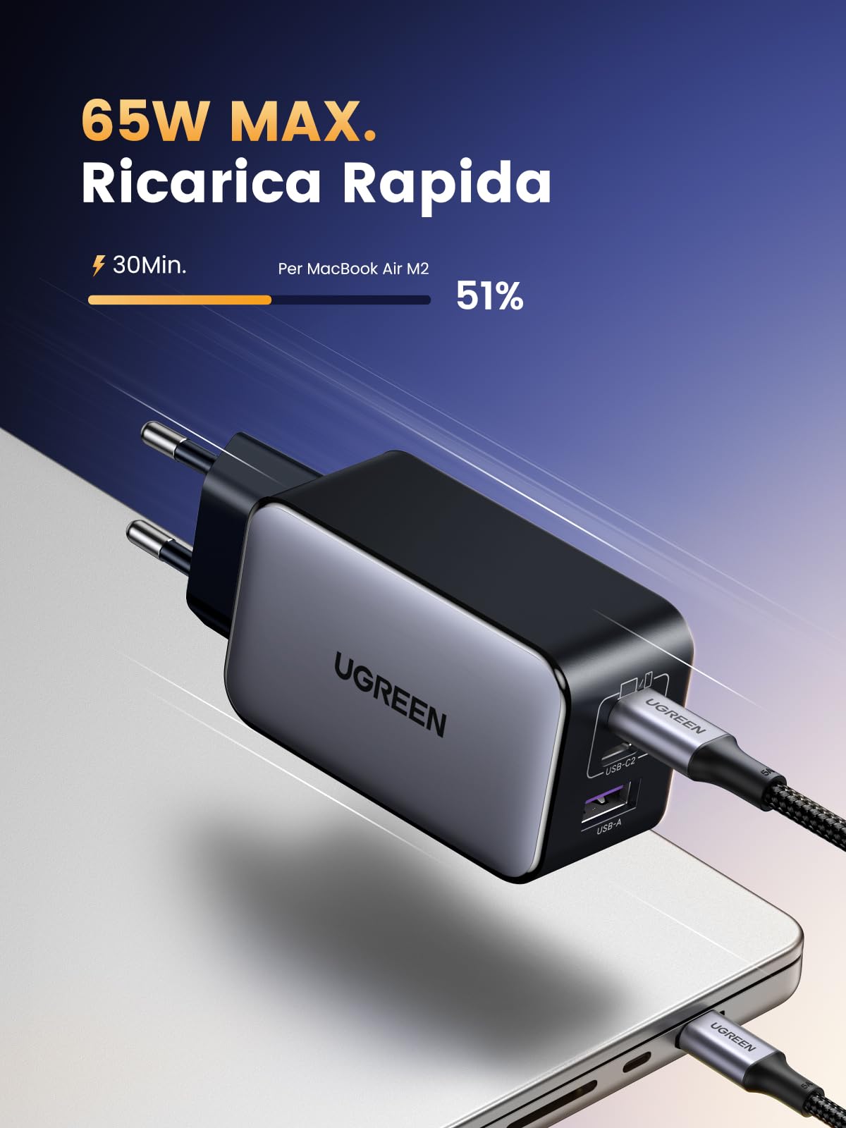 ugreen-nexode-65w-caricatore-usb-c-gan-3-porte-nero image 2