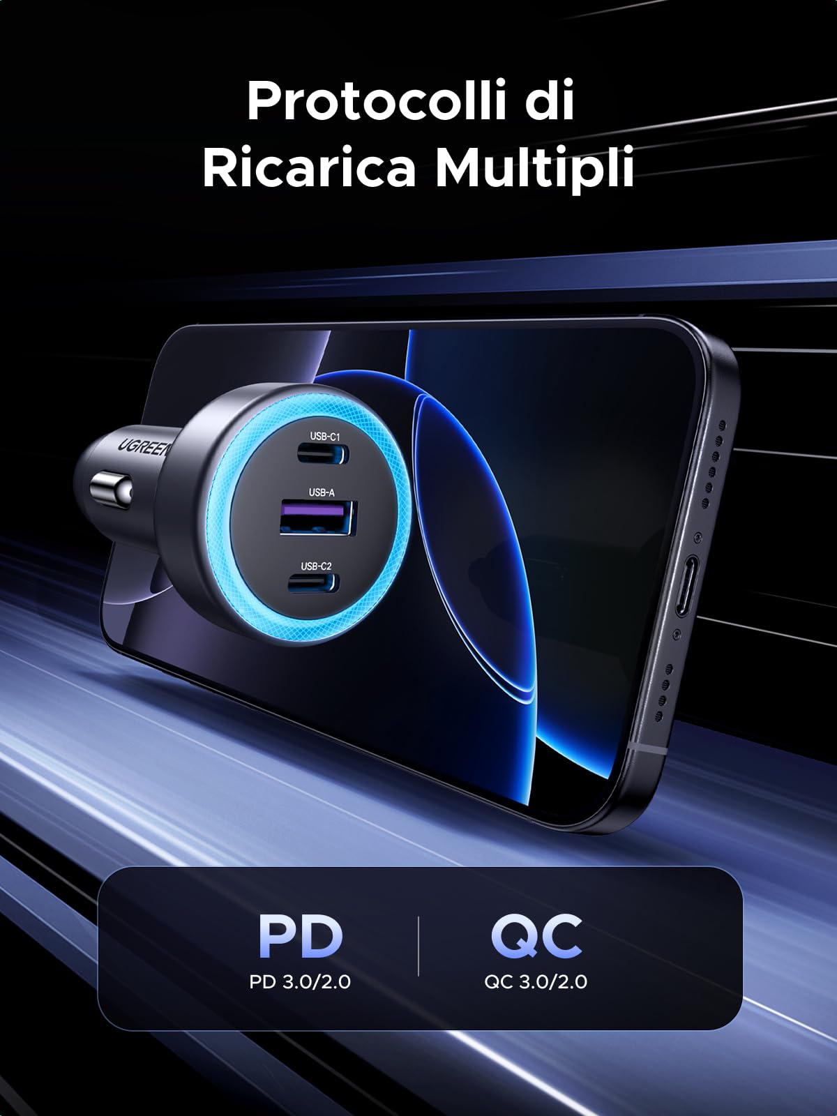 ugreen-caricatore-auto-usb-c-30w-pd-qc-3-0-a-3-porte-accendisigari image 5