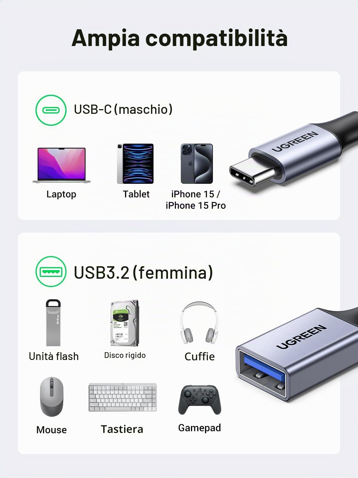 ugreen-adattatore-otg-usb-c-maschio-a-usb-3-0-femmina-5gbps-nylon-grigio image 2