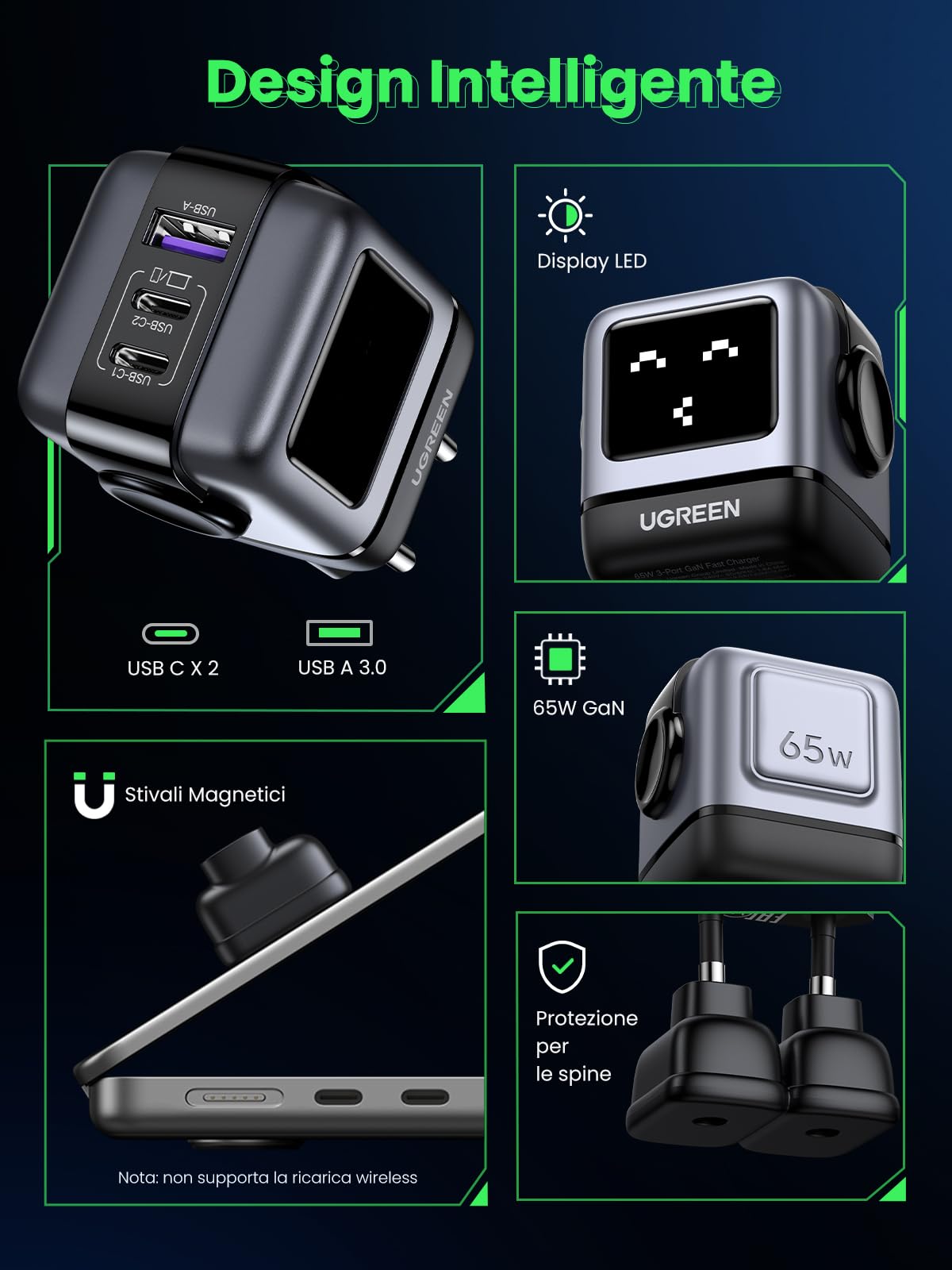 ugreen-uno-robot-caricatore-usb-c-gan-65w-3-porte-con-display-led image 2