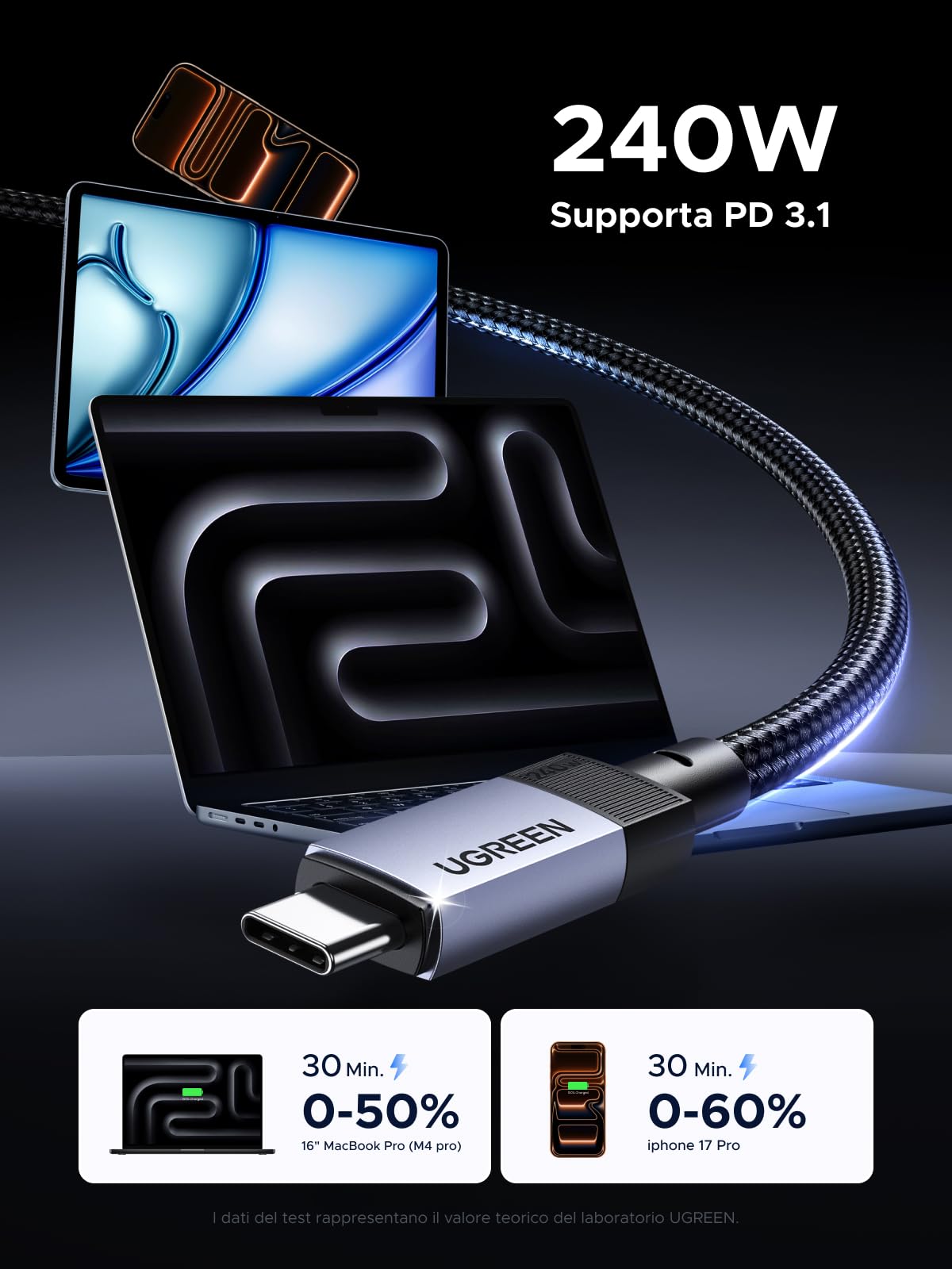 ugreen-cavo-usb-c-video-4k-60hz-10gbps-240w-1m-in-nylon image 4