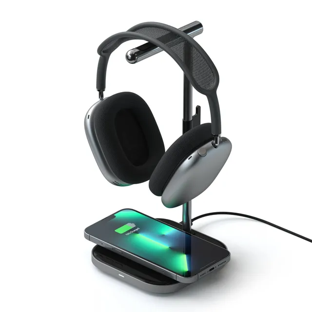 satechi-2-in-1-headphone-stand-con-ricarica-wireless-per-airpods-max-e-iphone image 1