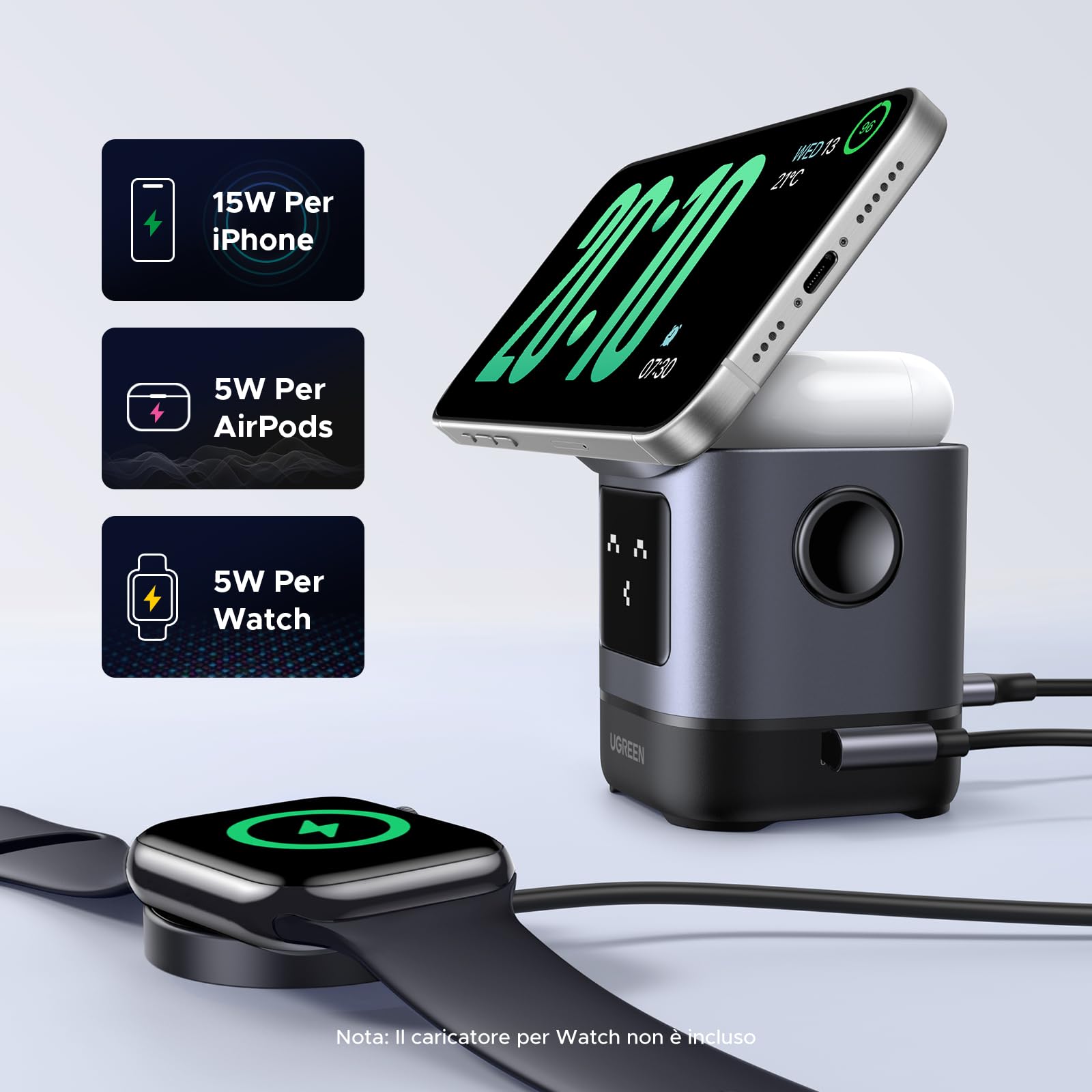 ugreen-uno-stazione-ricarica-wireless-magnetica-qi2-15w-2-in-1-per-iphone-e-airp image 3