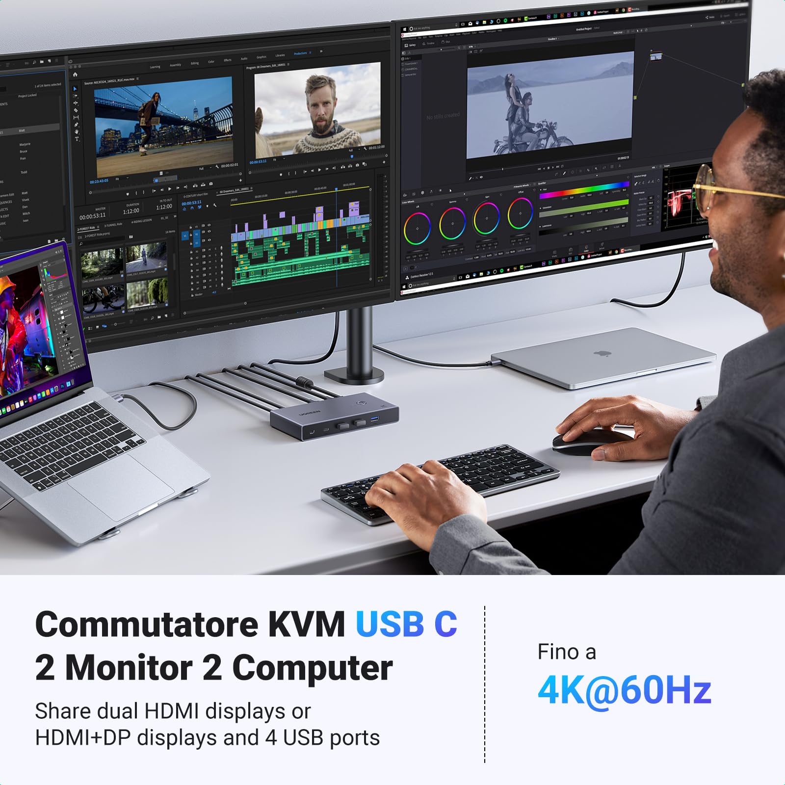 ugreen-switch-kvm-hdmi-2-0-4k-60hz-2-pc-2-monitor-con-hub-usb-3-0-4-porte image 2