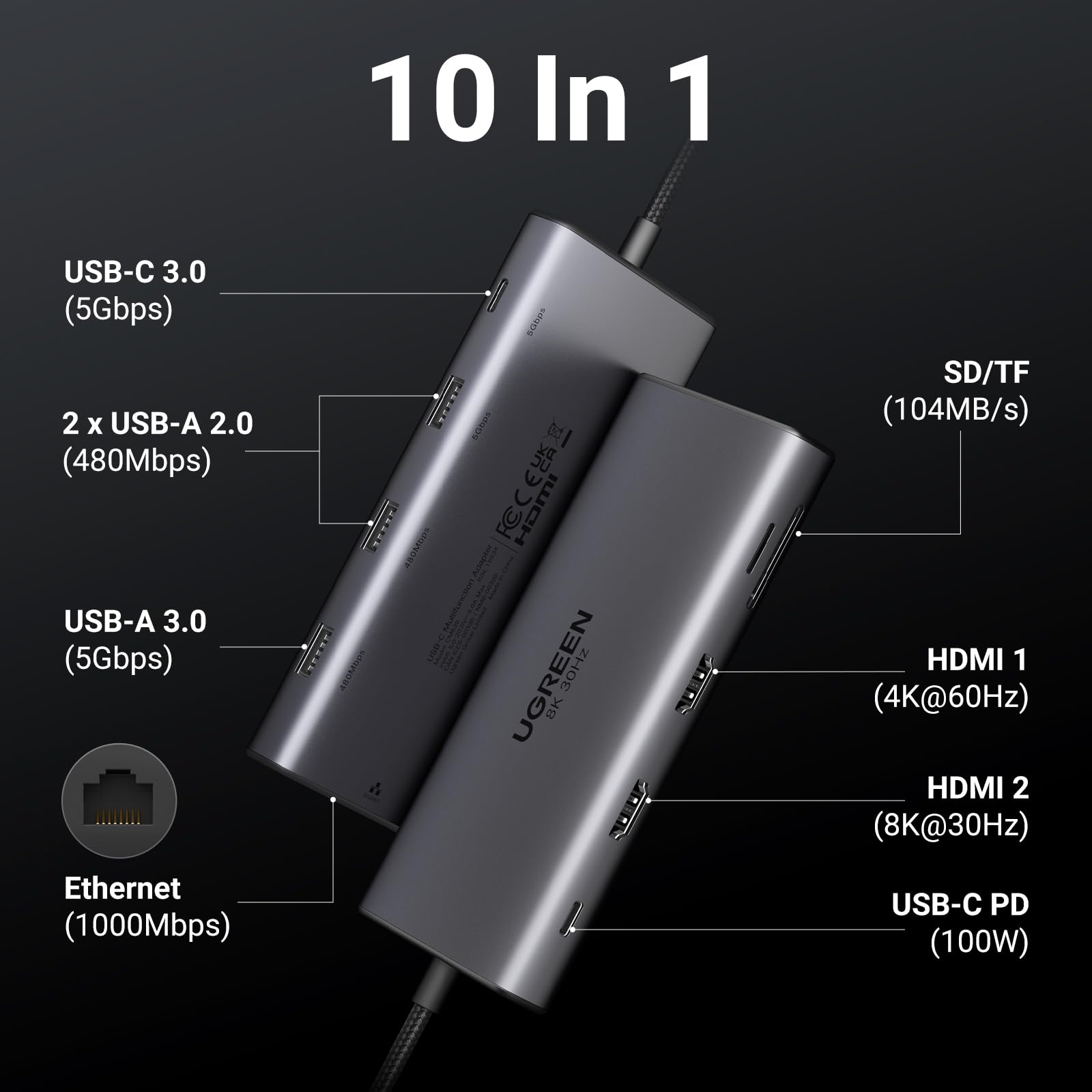 ugreen-revodok-pro-210-hub-usb-c-10-in-1-doppio-hdmi-4k60hz-8k30hz-pd-100w-ether image 2