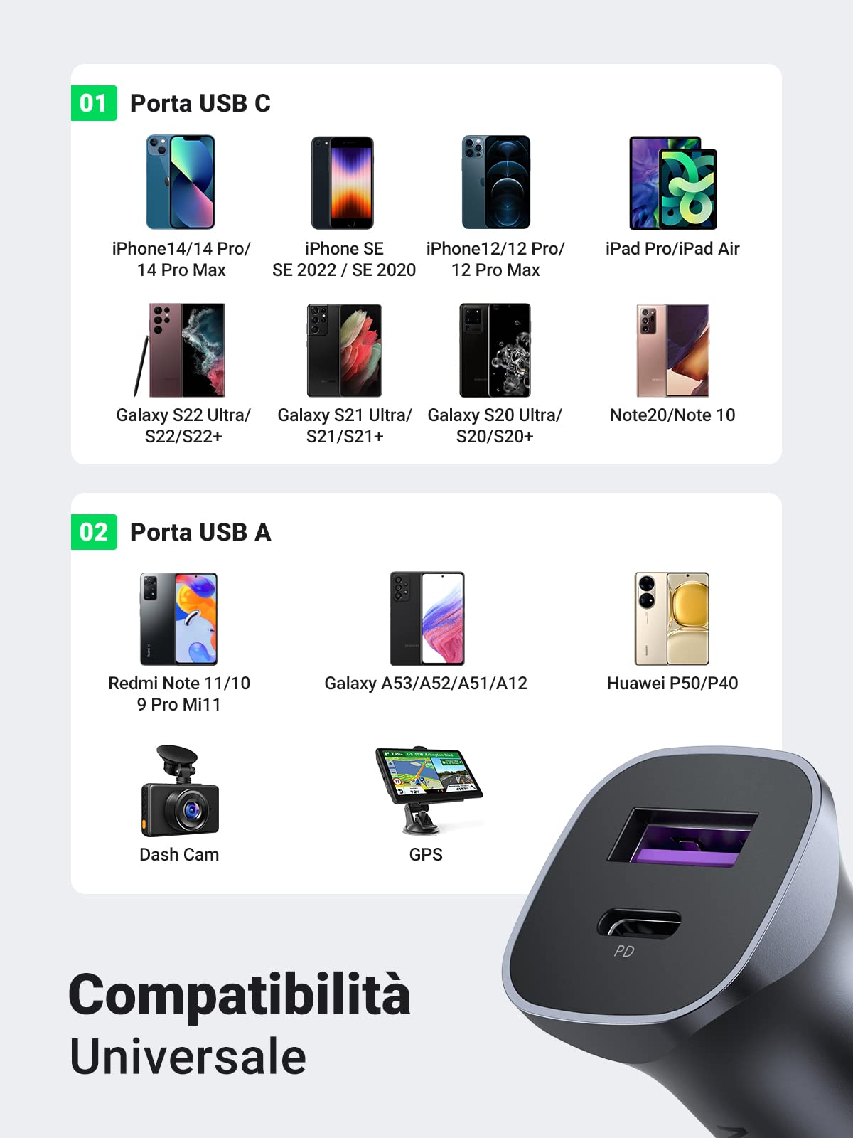 ugreen-caricatore-auto-usb-c-30w-2-porte-pd-qc-3-0-con-cavo-usb-a-usb-c-1m image 6