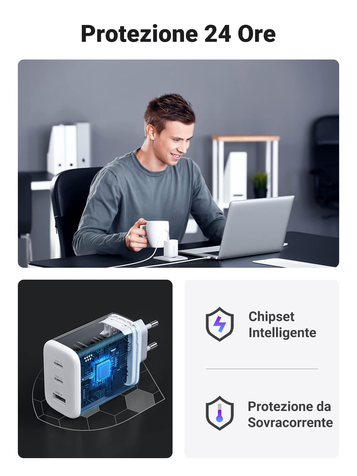 ugreen-zapix-caricatore-usb-c-gan-65w-3-porte-2c-1a-pd-3-0-pps-bianco image 8