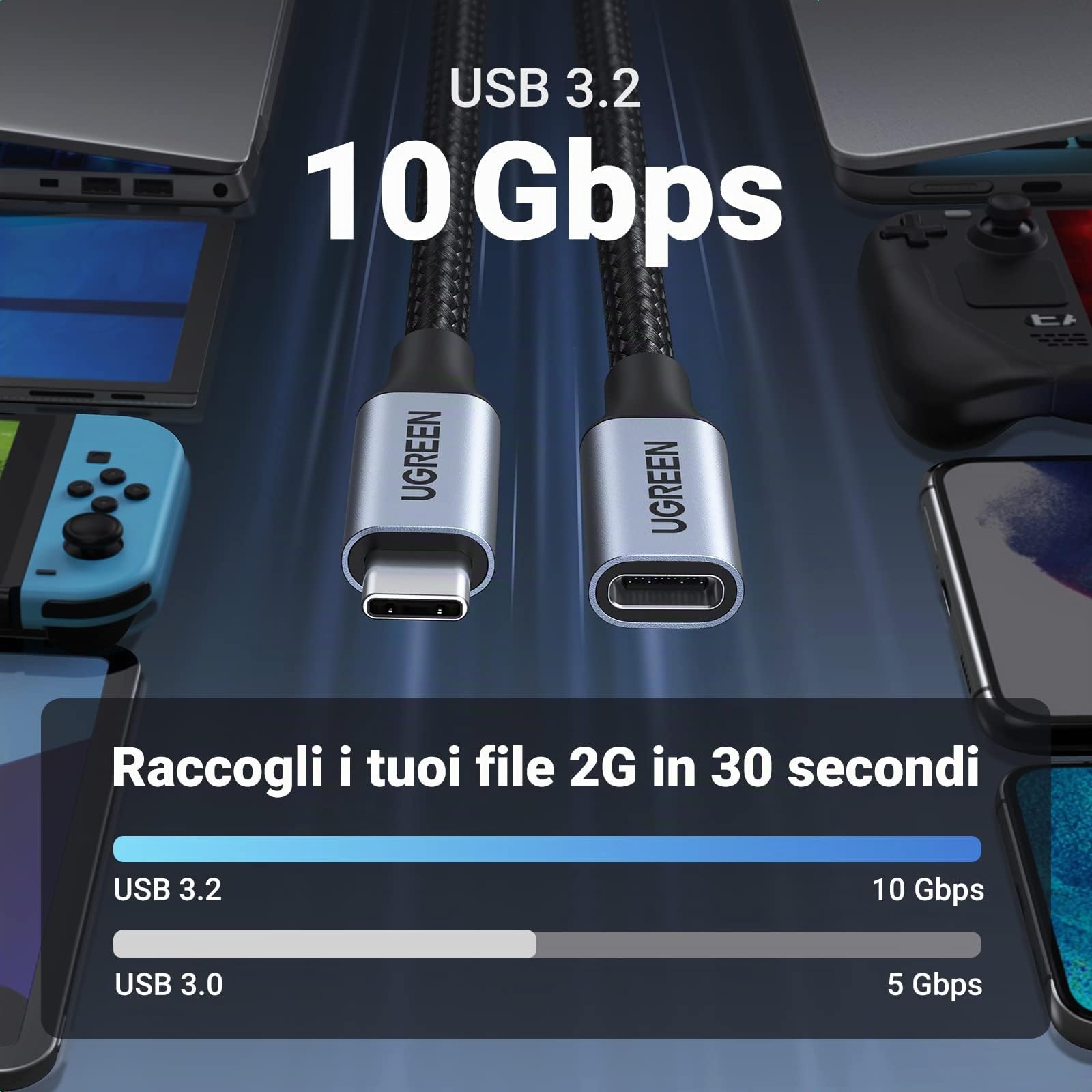 ugreen-nexode-cavo-prolunga-usb-c-3-2-10gbps-100w-4k-60hz-0-5m-grigio image 2