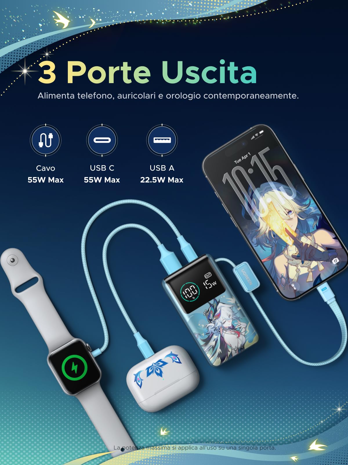 ugreen-nexode-pro-power-bank-10000mah-55w-con-cavo-usb-c-blu-pavone image 6