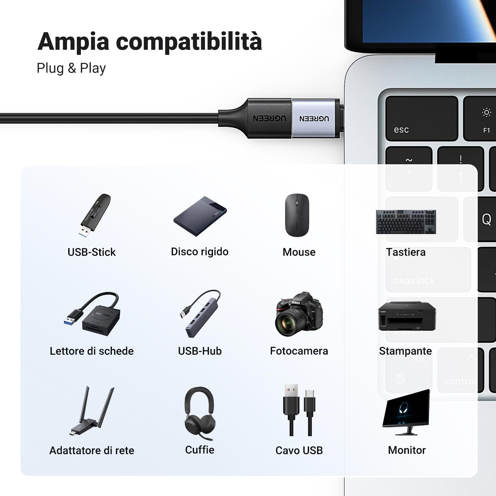 ugreen-adattatore-usb-c-a-usb-a-3-0-5gbps-alluminio-2-pezzi-grigio image 2