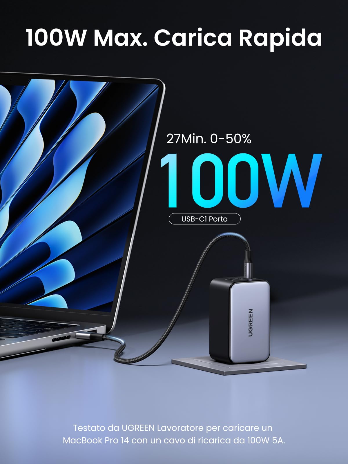 ugreen-nexode-100w-caricatore-usb-c-gan-3-porte-pd-3-0-compatto image 2