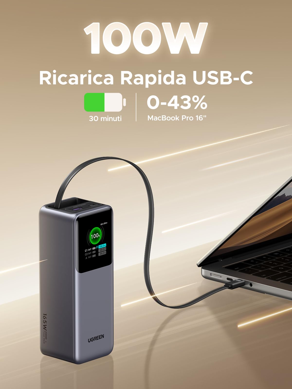 ugreen-nexode-pro-power-bank-20000mah-165w-usb-c-100w-con-cavo-retrattile image 3